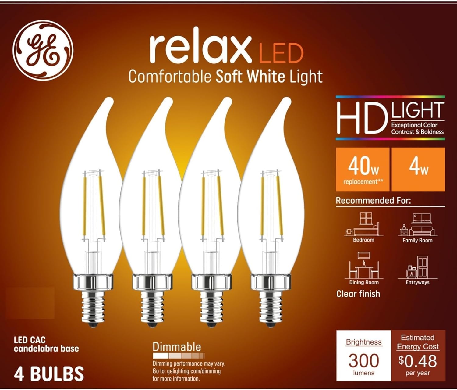 GE Relax LED Light Bulbs, 40 Watt, Daylight, Decorative Bulbs, Clear, Small Base (4 Pack)