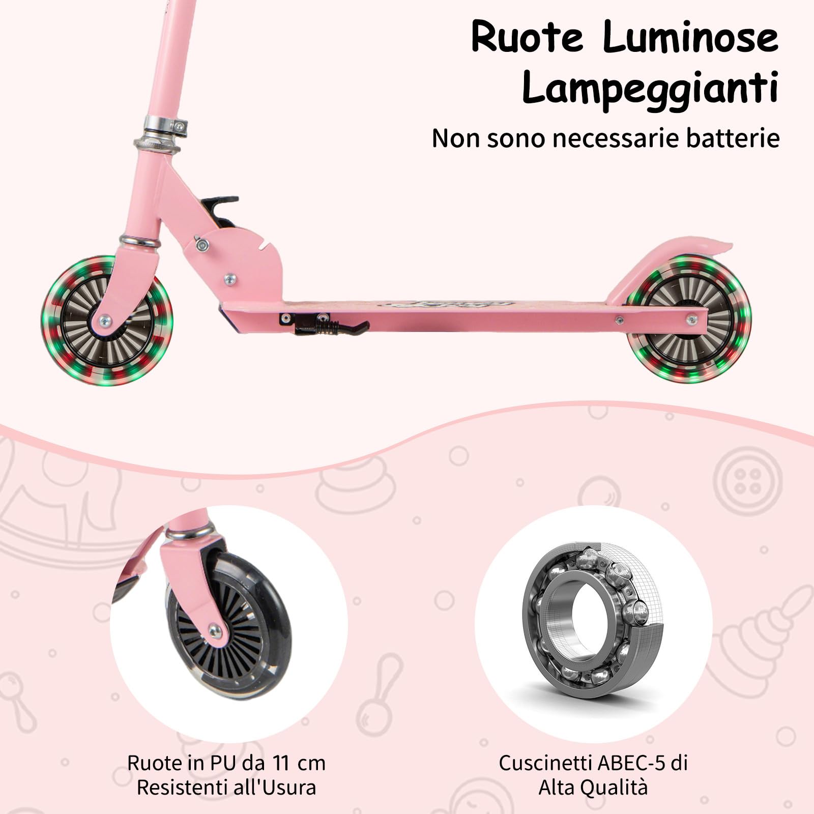 COSTWAY Monopattino per Bambini Pieghevole e Portatile, Monopattino a 2 Ruote con Manubrio Regolabile, Ruote Luminose a LED, Freno Posteriore e Tracolla, Ideale per Bambini e Bambine 3+