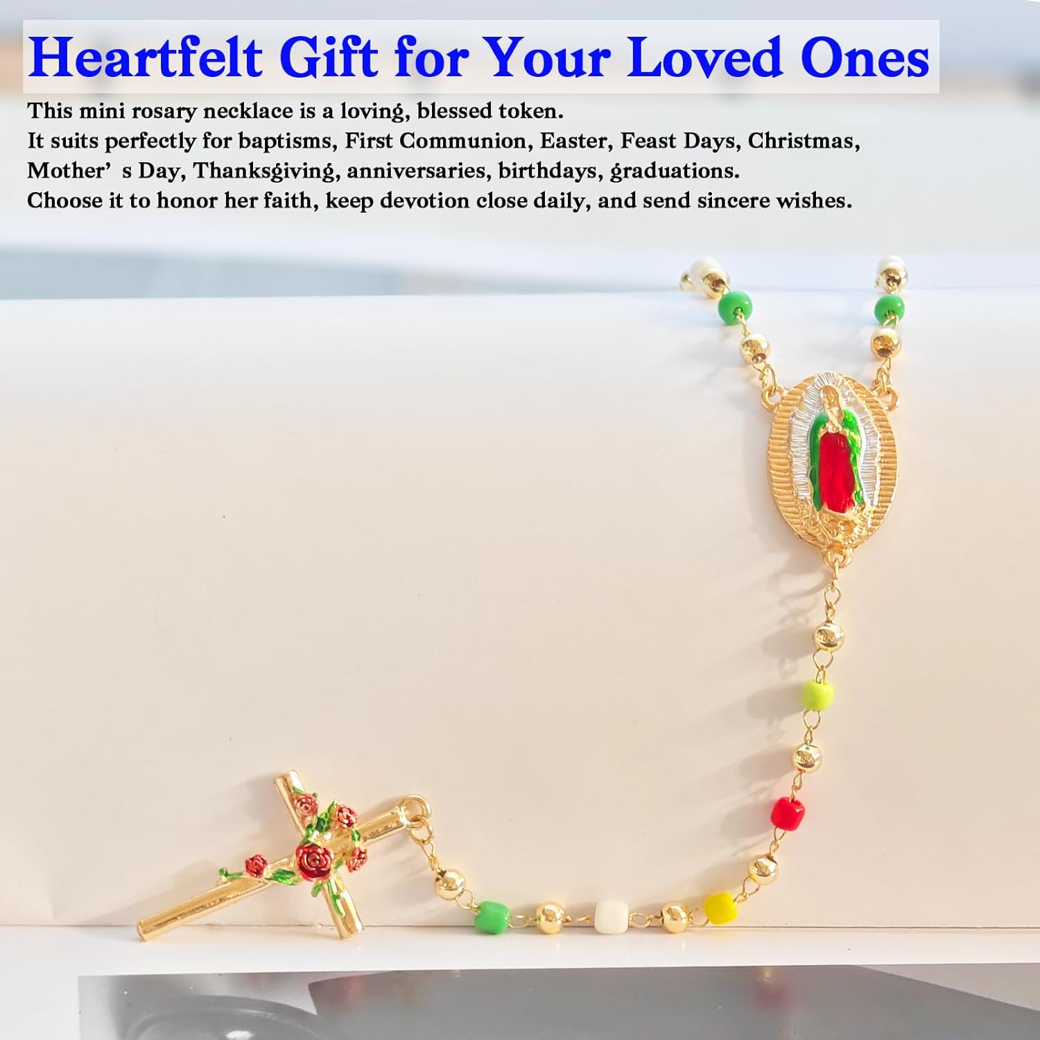 Rosary Beads Catholic for Women, Virgen de Guadalupe Necklace - 14K Gold Plated Virgin Mary Pendant, 3mm Mini Colorful Beads, Religious Baptism Gift - Image 7