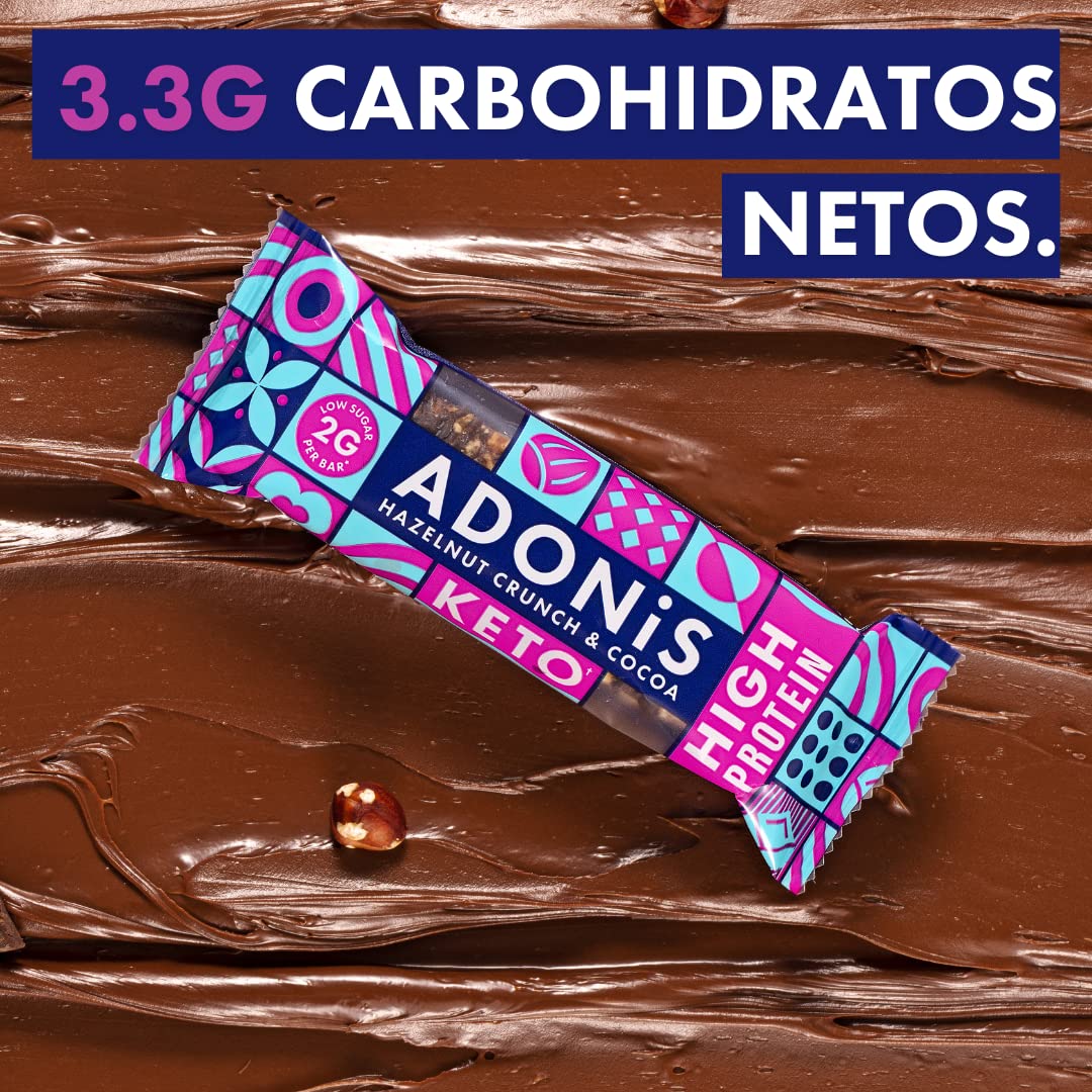 Adonis Barritas Keto Ricas en Proteínas Crujiente de Avellanas y Cacao (16 barritas x 45 g) | Apto para Veganos y Dieta Keto | 100% Natural | Sin Azúcar, Sin Aceite de Palma, Sin Lácteos