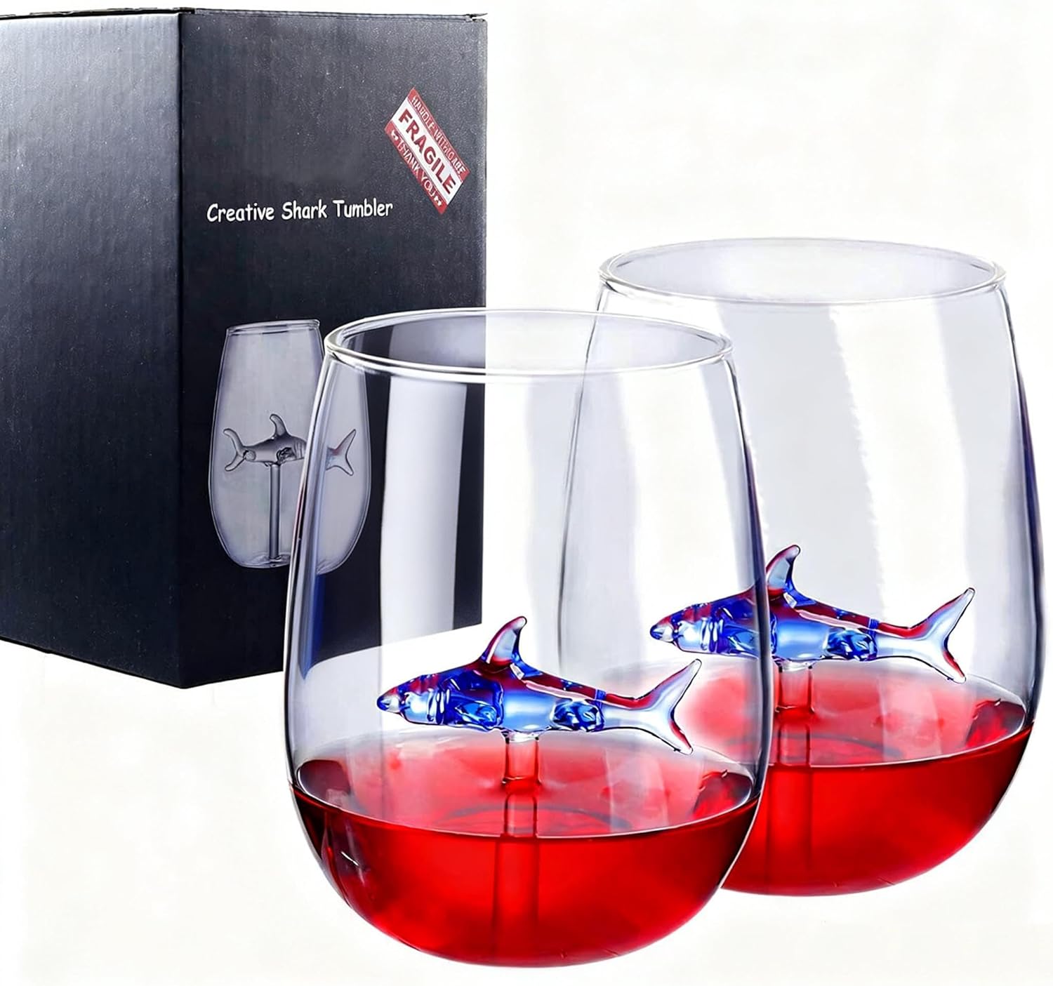 Shark Wine Glass, Personalized Set of 2 Wine Glasses with Shark Inside, Unique Nice Wine Glasses for Party Valentines Day Women