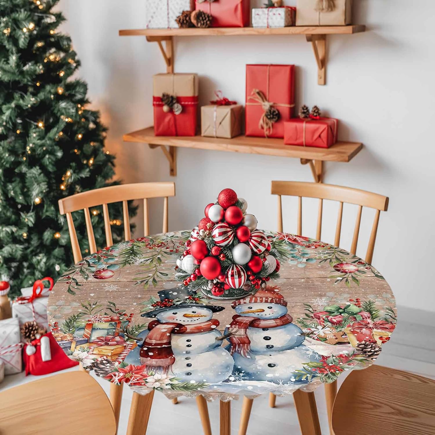 Christmas Elastic Round Tablecloth Winter Snowman Gift on Wood Plank Fitted Table Cover Green Leaves Balls Waterproof Table Cloth for Home Dining Kitchen Holiday Party(Fit for 45"54" Tables)