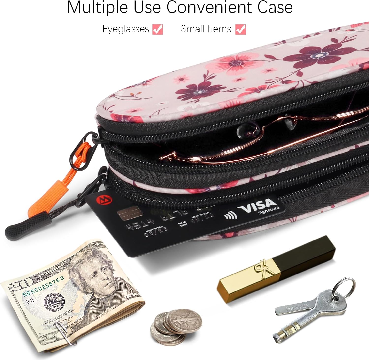 Double Eyeglasses Case Soft Portable Zipper Sunglasses Pouch with Keychain Clip for Men Women