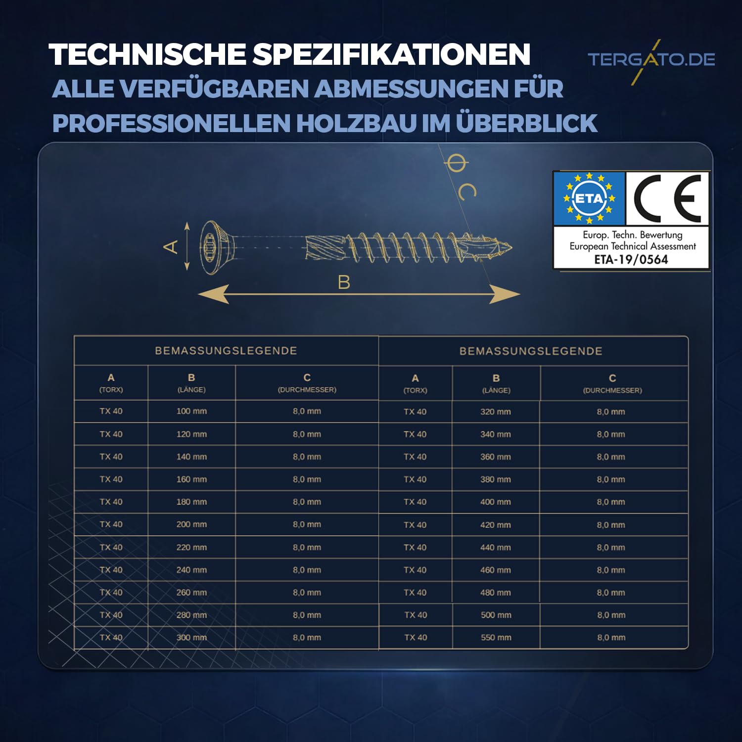 Holzbauschrauben 8x300 mm von Tergato | 50 Stk. Senkkopf blau verzinkt | TX40 Antrieb | Profi-Qualität HSeasy PRO SK | Anti-Spalt Schabenut & Fräsrippen
