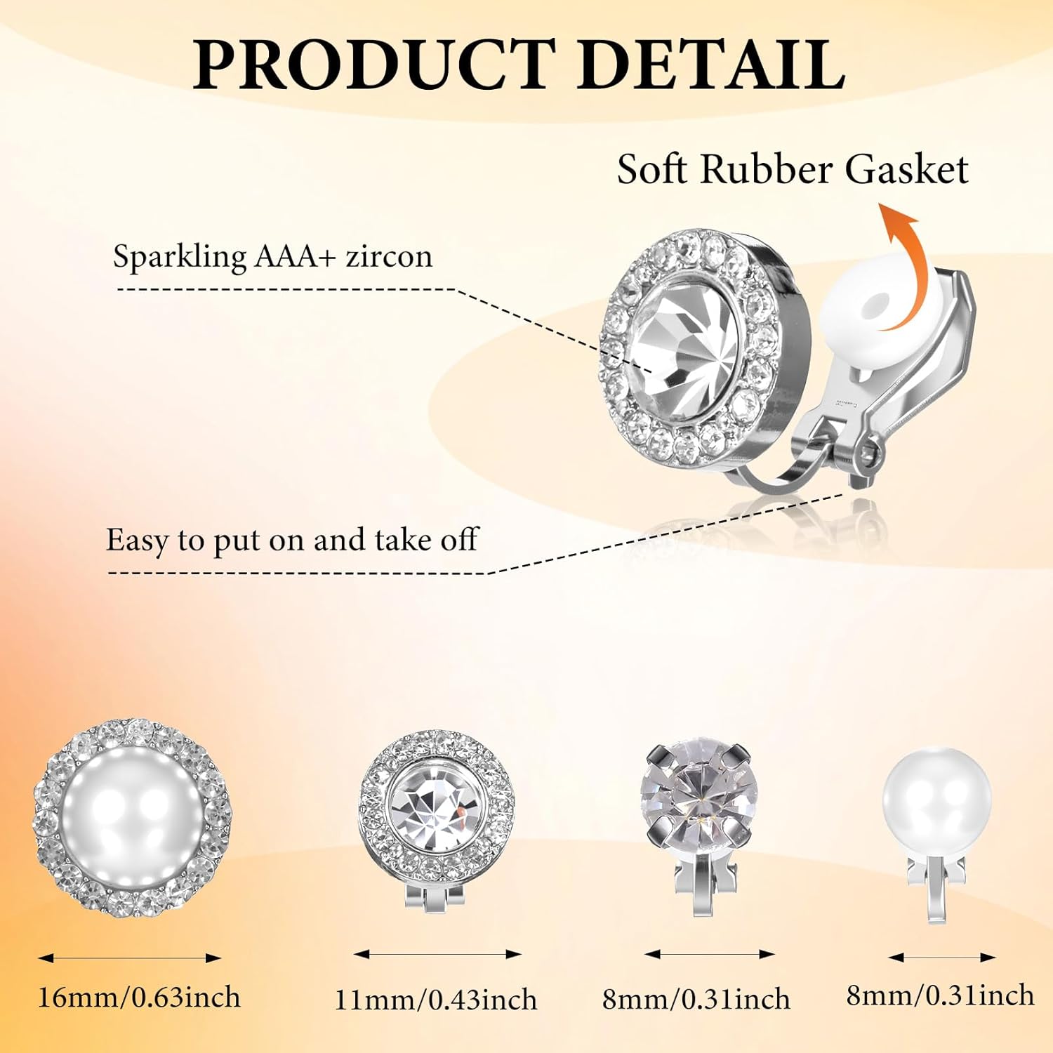 4 Pairs Cubic Zirconia Clip on Earrings for Women,Diamond Non Pierced Stud Earrings,Round Pearl Fake Earring for Dance Stage Opera Performance Wedding Party Jewelry - Image 2