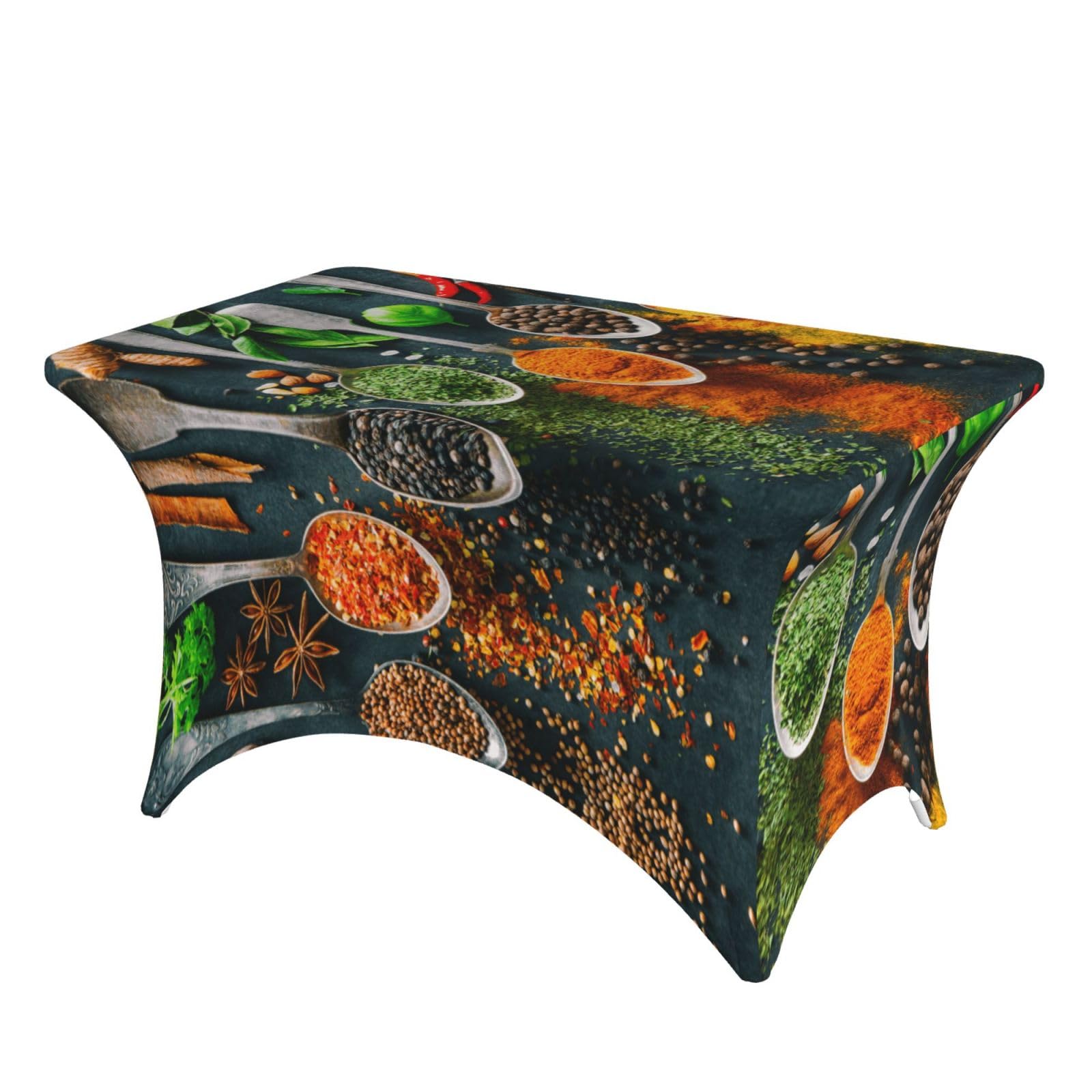 Dcehgew Spices 4Ft Spandex Rectangular Table Cloth, Printed Fitted Elastic Tablecloths Washable Table Cover For Event, Wedding, Banquet & Party