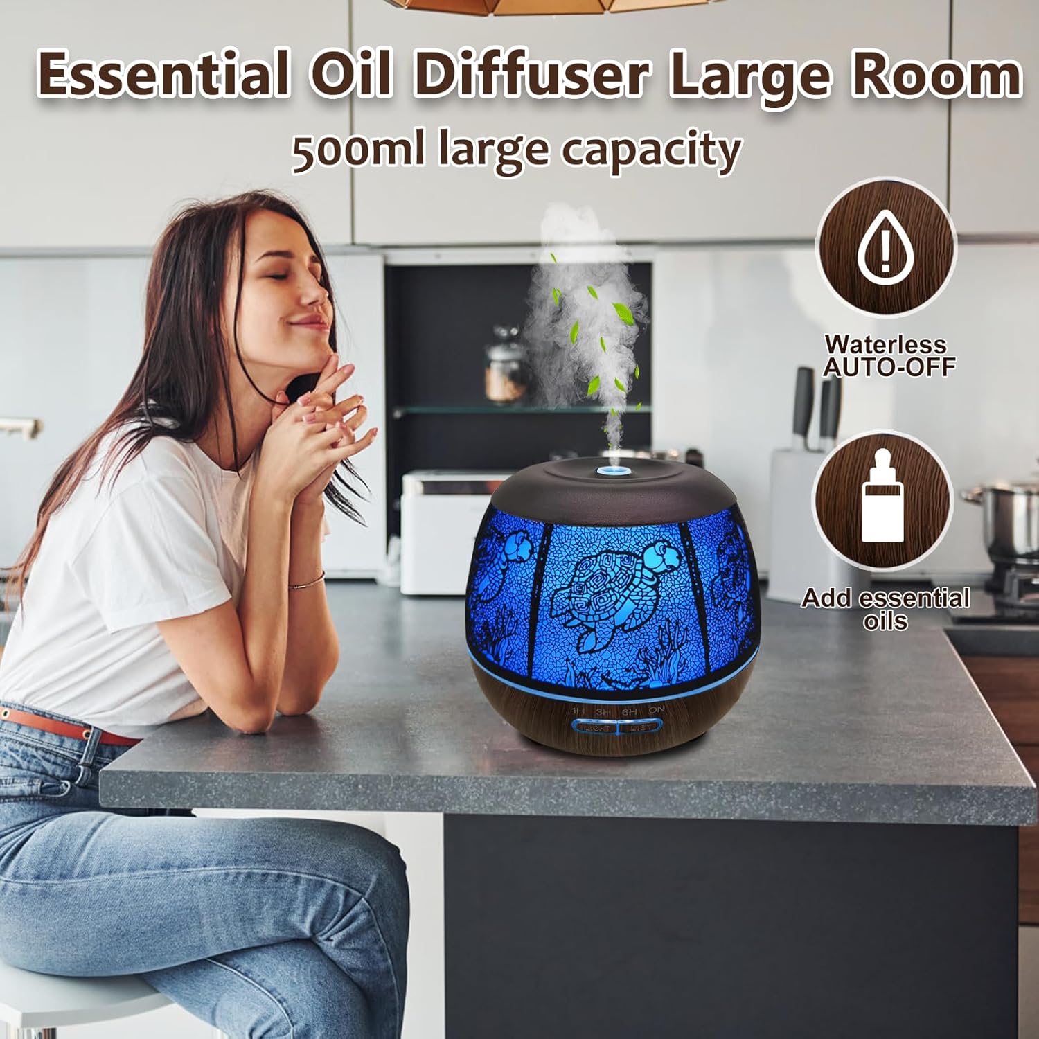 Essential Oil Diffuser for Home,500ML Aromatherapy Diffusers for Essential Oils Large Room with Cool Mist Humidifiers for Bedroom,7 Colors Changed & 3 Mist Mode Automatic Shut-Off - Turtle - Image 3