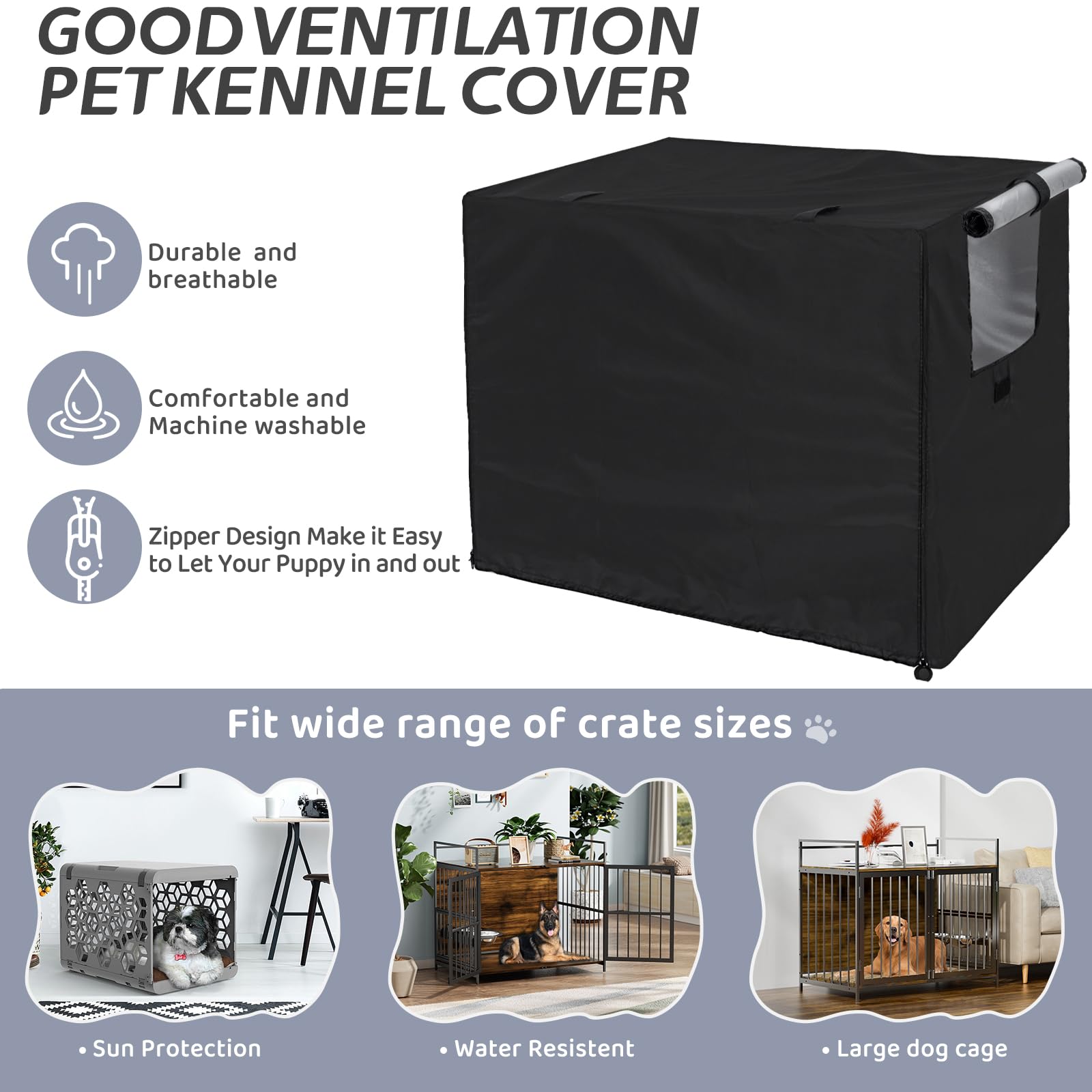 OUUTMEE Copertura per box per cani in poliestere 210D, impermeabile, con porta e finestra ventilata, 125LX79WX84H, impermeabile, protezione solare/blocco della luce, colore nero