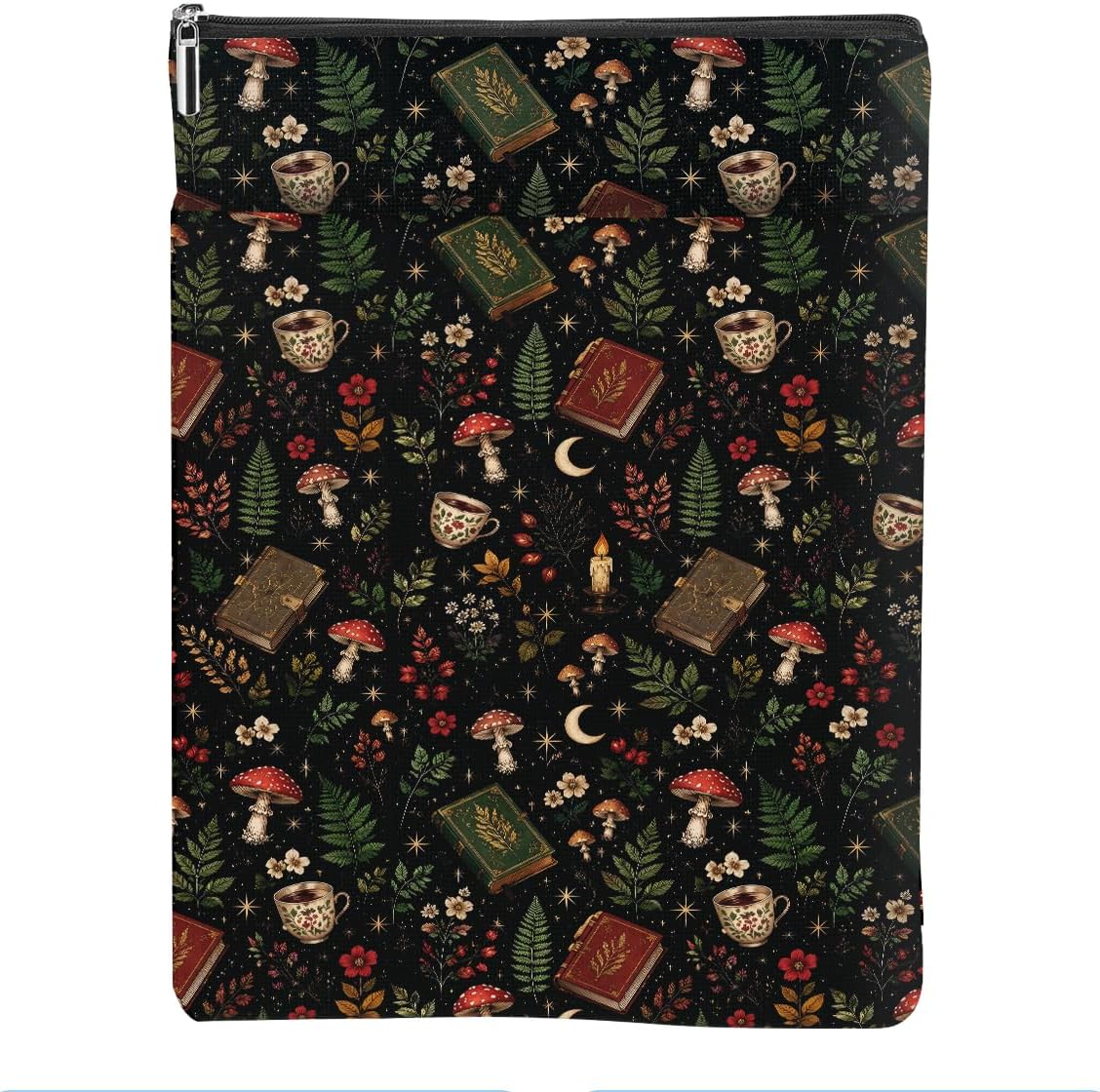 Dark Floral Book Sleeve, Goth Mushroom Book Pouch Protector Zipper Cover