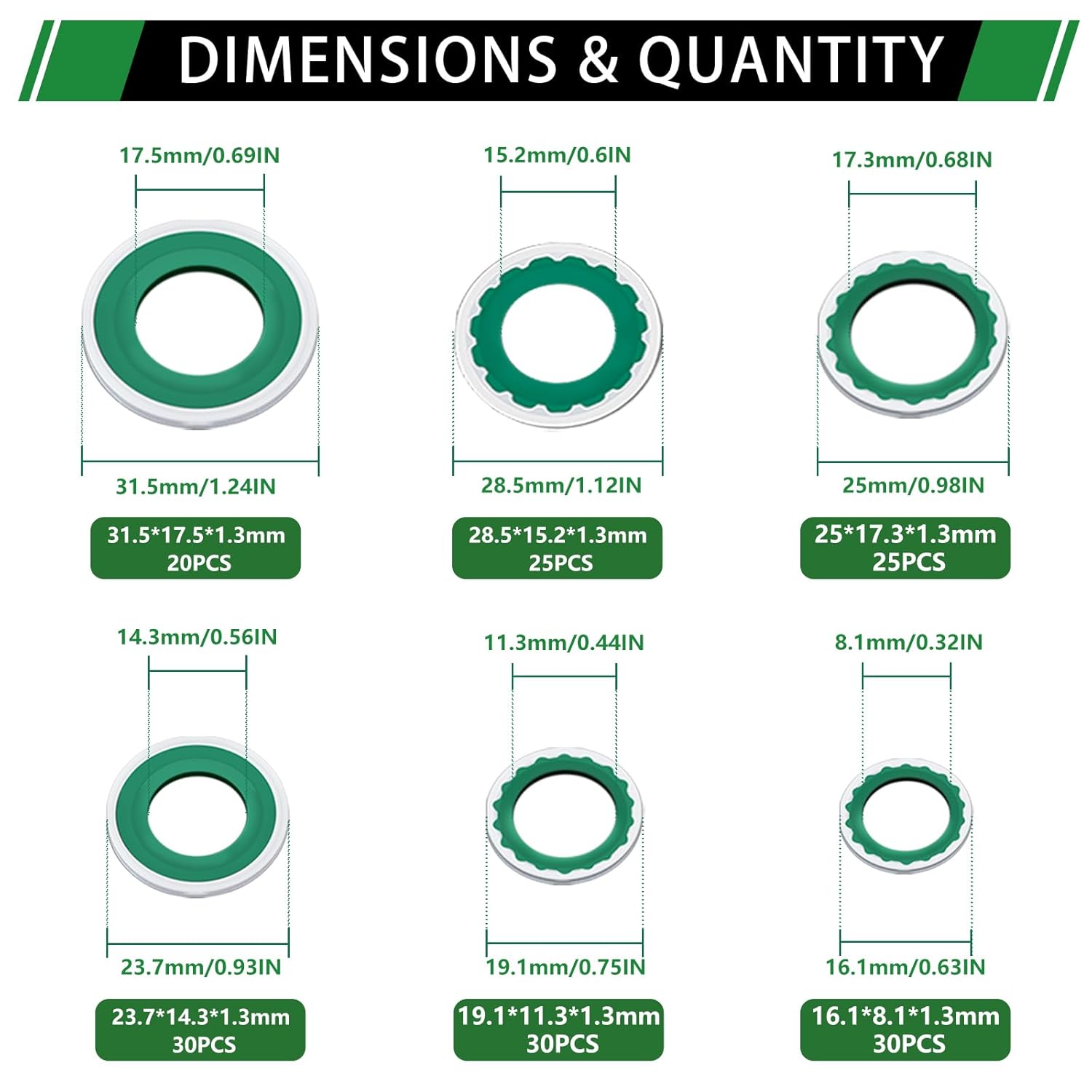 160PCS Air Conditioning System Compressor Seal Washers Assortment Kit, 6 Sizes Automotive A/C Compressor Port Bonded Seal Gasket Kit (Green)