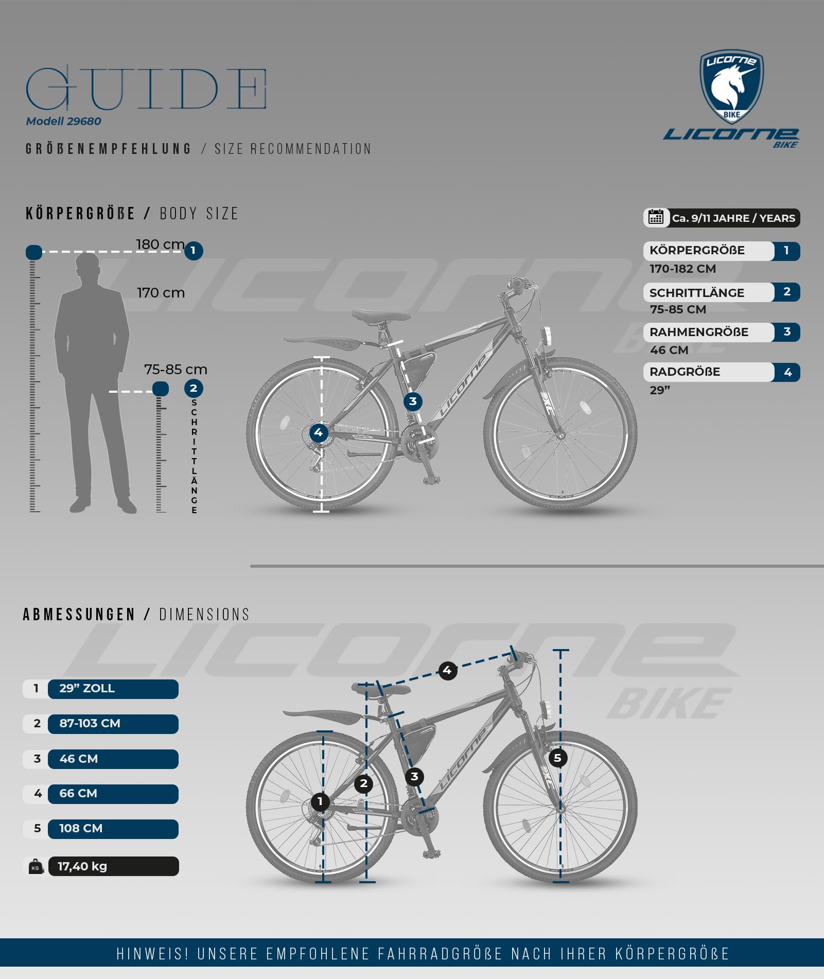 Licorne Bike Guide Premium Mountain Bike 29 pollici – Forcella ammortizzata MTB con freni a disco – Qualità tedesca – Per ragazzi e adulti (nero/blu)