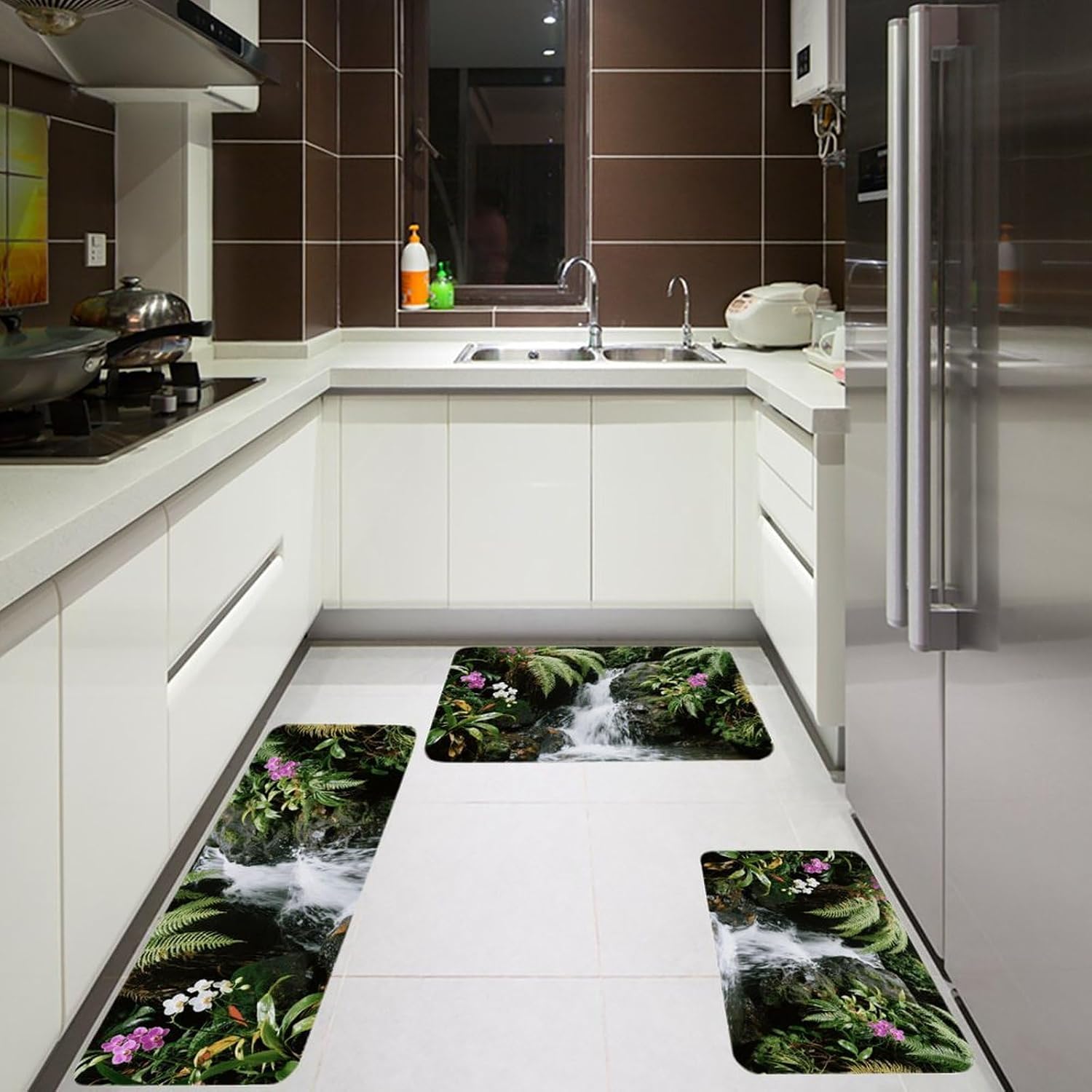 Rainforest Waterfall Kitchen Mats for Floor 3 Pcs Kitchen Rugs