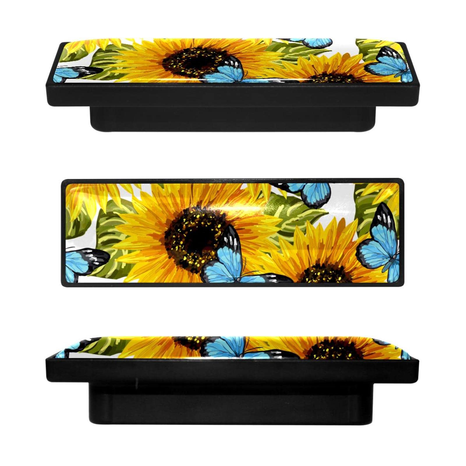Boutons de placard de cuisine rectangulaires : lot de 4 poignées tournesol et papillon