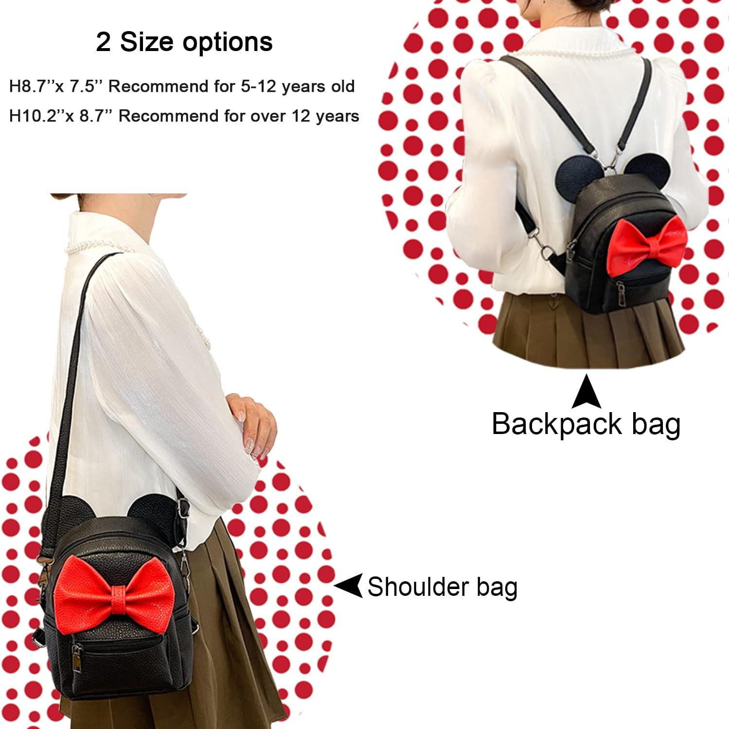 Sunwel Fashion Girls Mini Backpack Purse Mouse Ear Polka-dot Sequin Bow Convertible Backpack to Crossbody Bag for Women (black cotton polkadot bow, W8.7 x H10) - Image 7