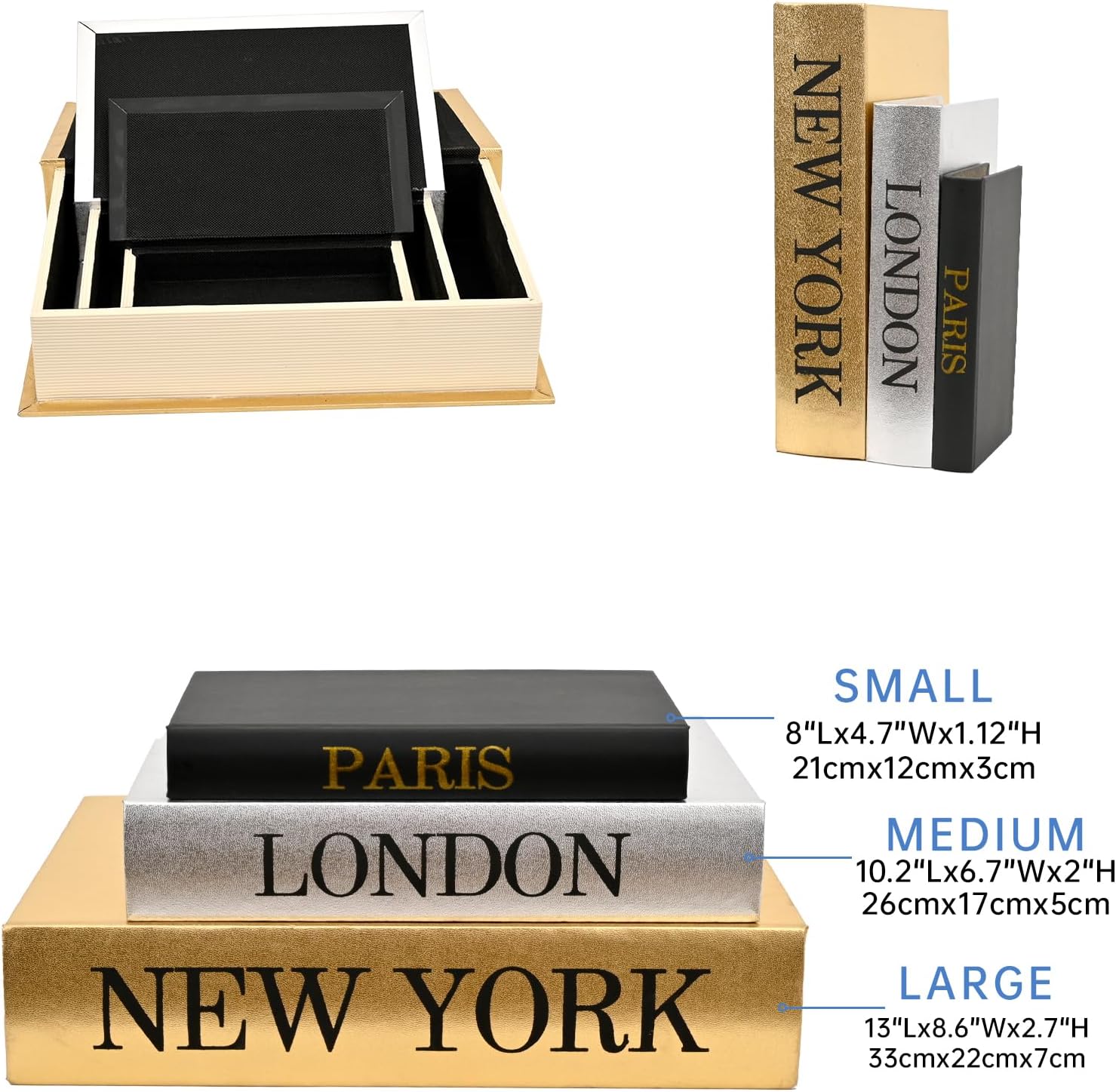 Decorative Book Storage Boxes Set of 3 - Hidden Compartment Faux Books with Gold Silver Black Metallic Finish, New York London Paris Theme for Home Decor Organization