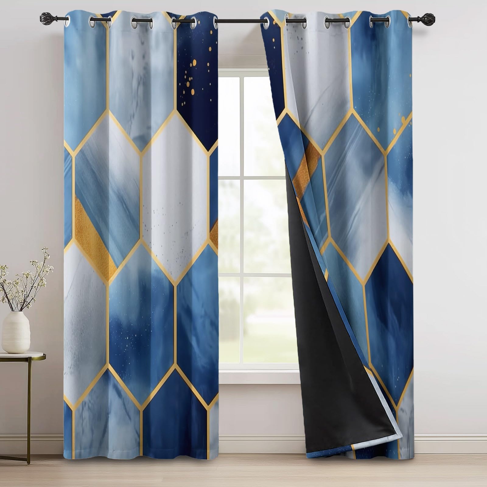 Décoration Géométrie Abstraite Hexagones, Rideaux Longs 140L X 260H cm (2 Panneaux), Tissu Occultant Thermique pour Baie Vitrée, Bleu