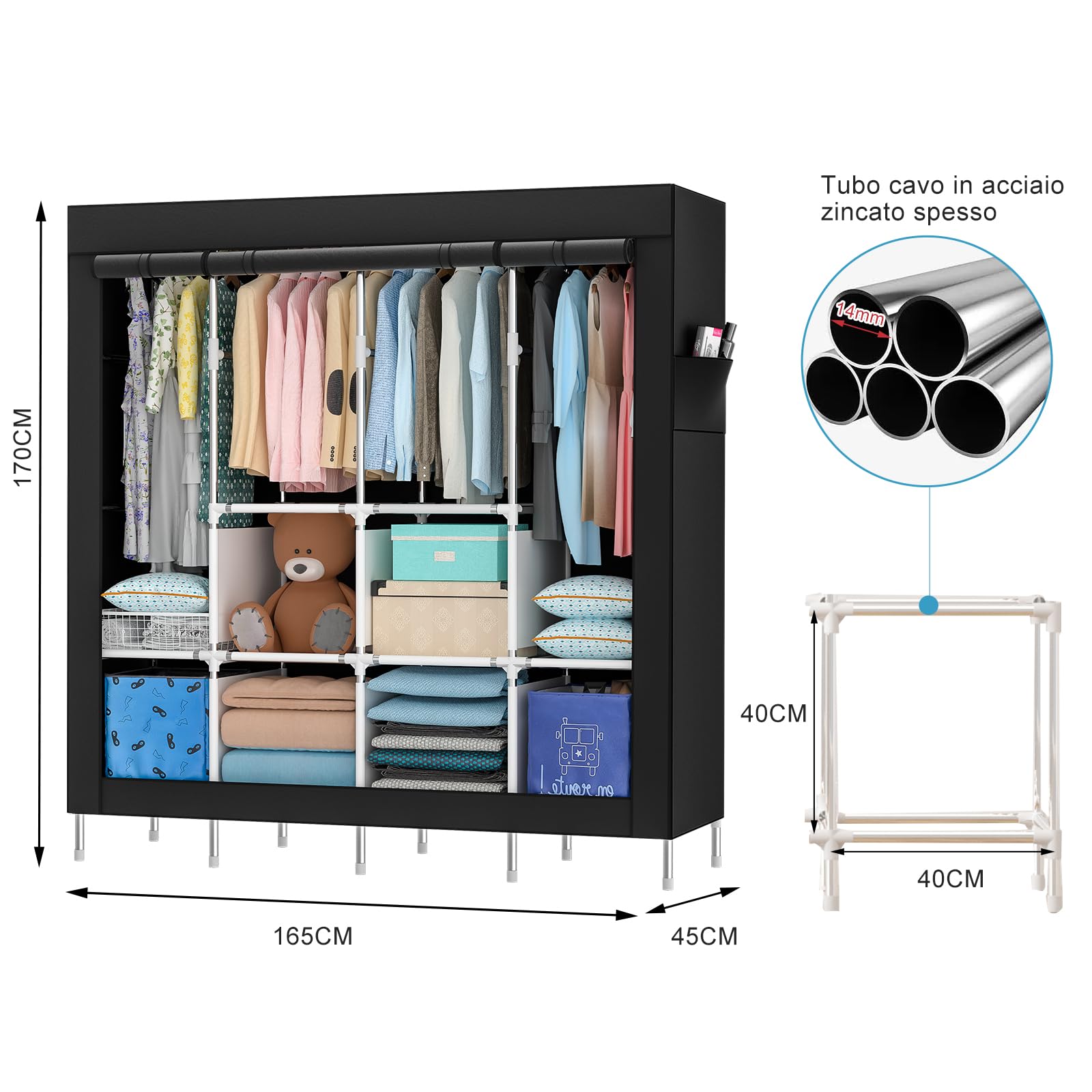 Mihoho Armadio portatile, armadio pensile da 170 cm, appendiabiti in metallo, armadio indipendente con rivestimento in tessuto Oxford, 165 cm x 170 cm x 45 cm (nero c, Grande)