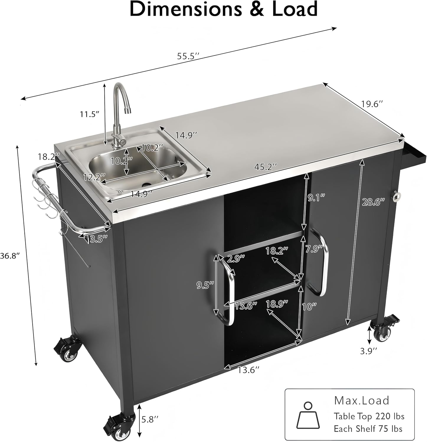 54.5" Outdoor Kitchen Island with Stainless Steel Top, Metal Grill Cart Table with Storage Cabinet, Spice Rack and Towel Rack, Outdoor Bar Cart with 4 Lockable Wheels for Outside BBQ Black