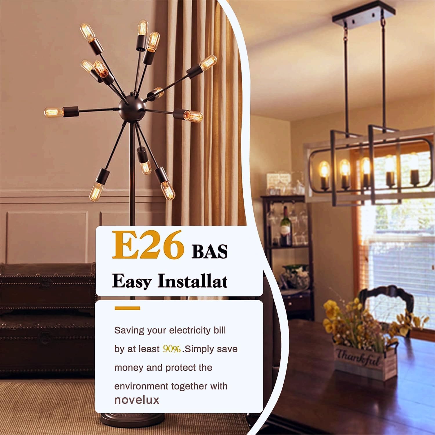 3.2 Inch 2200K Amber White E26 LED Bulb 60 Watt Equal, AC 120V 600LM Edison Bulbs Dimmable, 6W T10 T30 Tubular Filament Light Bulbs Glass for Fan Pendant Wall Light, UL Certified-4 Pack