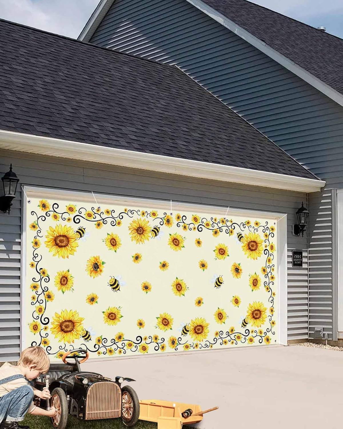 Yellow Sunflower Bees Garage Door Cover Banner 7 x 8 FT, Spring Summer Farmhouse Floral Garage Door Curtains Backdrop with Grommets for Indoor Outdoor Wall Party Porch Yard Decorations Background