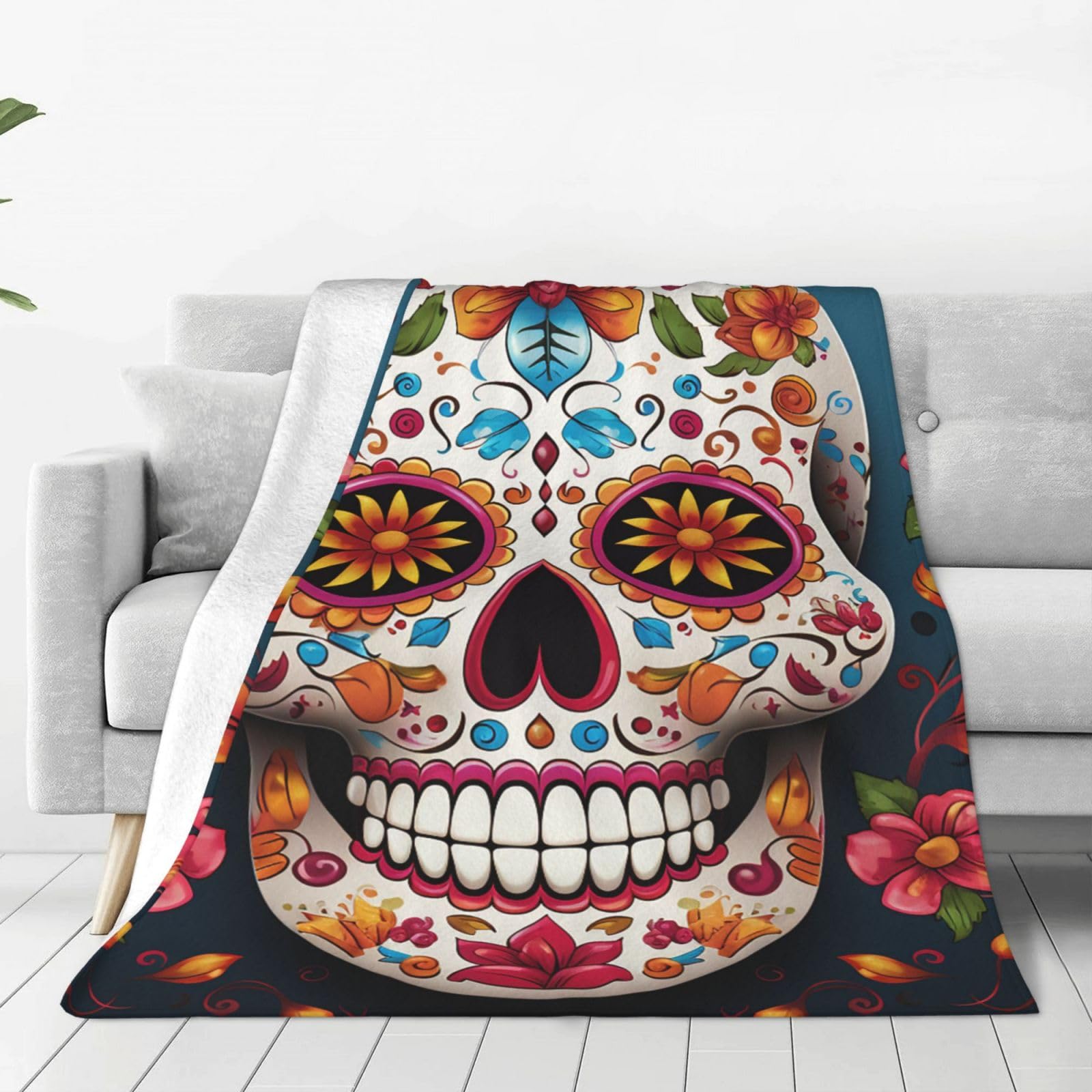 Colorful Sugar Skull Throw Blanket for Couch, Plush Fuzzy Soft Flannel Blankets and Throws for Sofa, 60"x50" Bed Blankets for Travel Camping Chair, All Season Warm Fleece Blanket