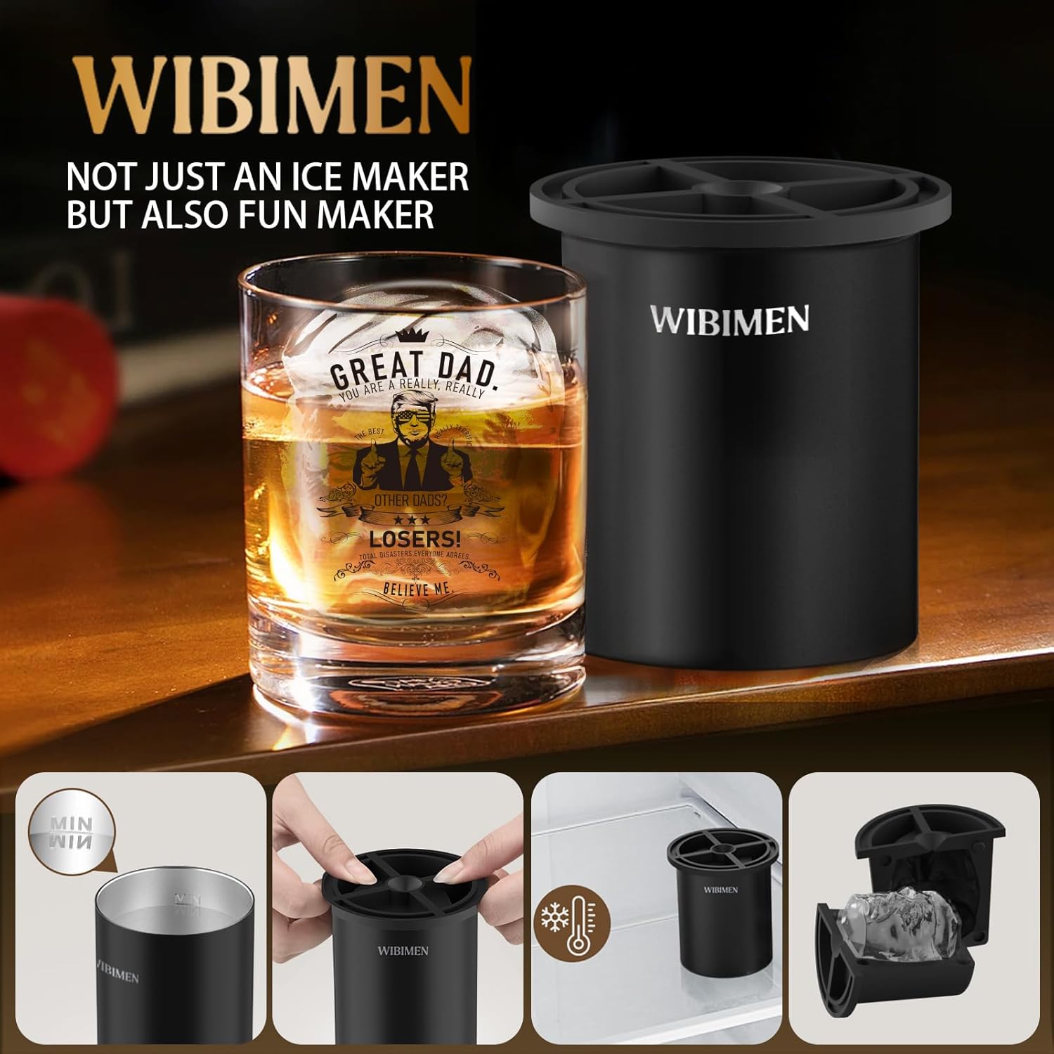 WIBIMEN Whiskey Ice Cubes Mold Set for Men, Dad, Husband, Men’s Gifts Set with Whiskey Glass, Clear Ice Cube Maker, and Greeting Card, Bourbon Gifts for Men，Old Fashioned Glass Set for Father