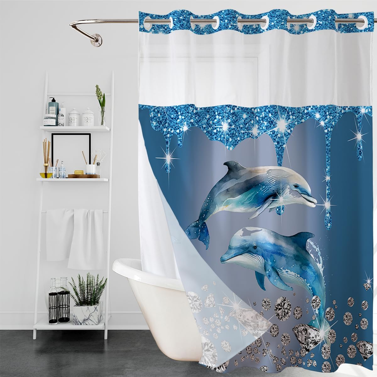No Hook Diamond Dolphin Shower Curtain with Snap in Fabric Liner Set, Luxury Modern Hotel Style, See Through Mesh Top Window, 74" L x 71" W