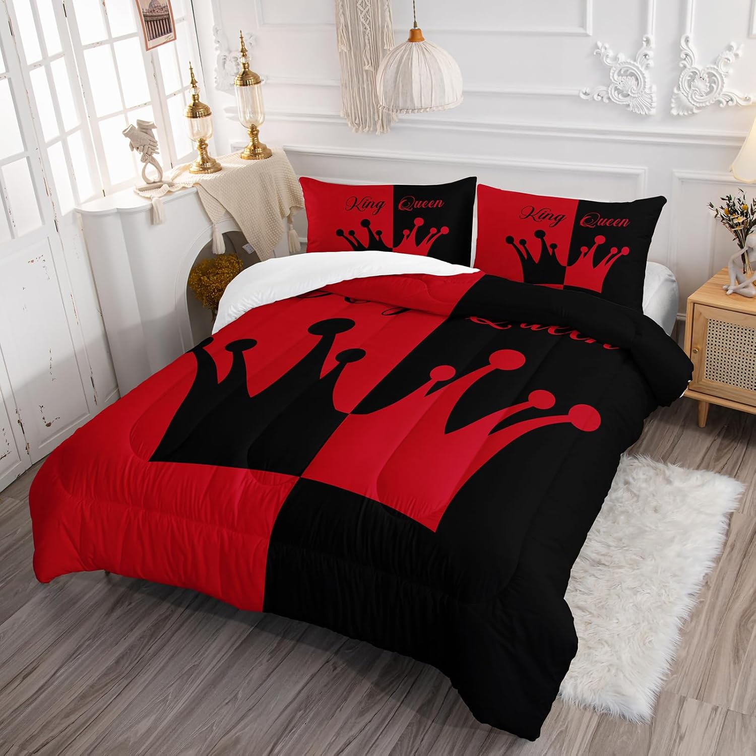 Axolotl Black and Red Crown King Comforter Set,3 Piece Mr Mrs Comforter for Adults Couple Men Women,Valentine's Day Wedding Themed Bedding Set,His and Hers Bed,1 Quilt 2 Pillowcases Bedroom Decor