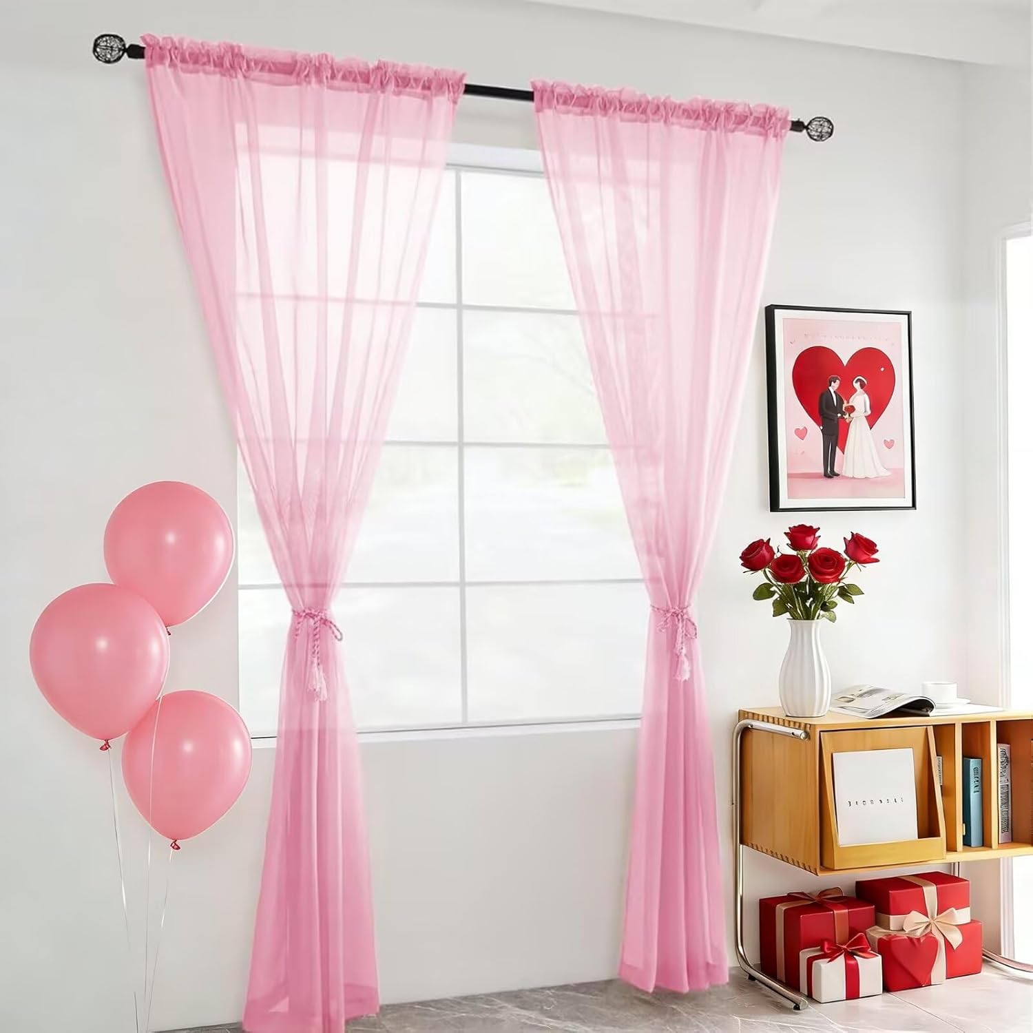 youleyar Solid Sheer Rod Pocket Curtain Voile Draperies 2 Panels White Beige Black Grey Coffee 52 Inch Width 84 Inch Long 1 Pair for Kitchen Bedroom Children Living Room Yard(Light Pink,52Wｘ84L) - Image 2