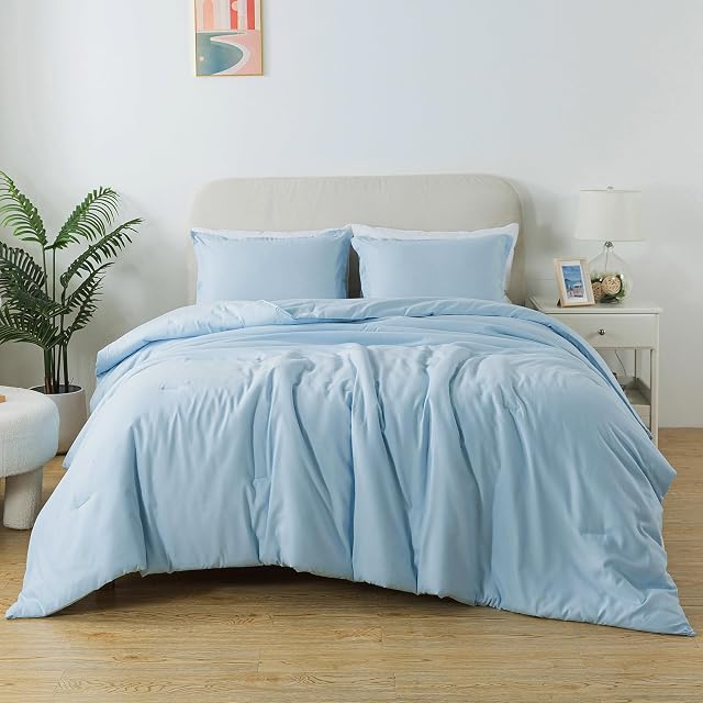 Caressma Light Blue Comforter Set Twin Size, Solid Lightweight Down Alternative Soft Boho Bedding Comforter Set, Breathable Fluffy Microfiber Skin-Friendly Comforter (68"x90") for All Seasons