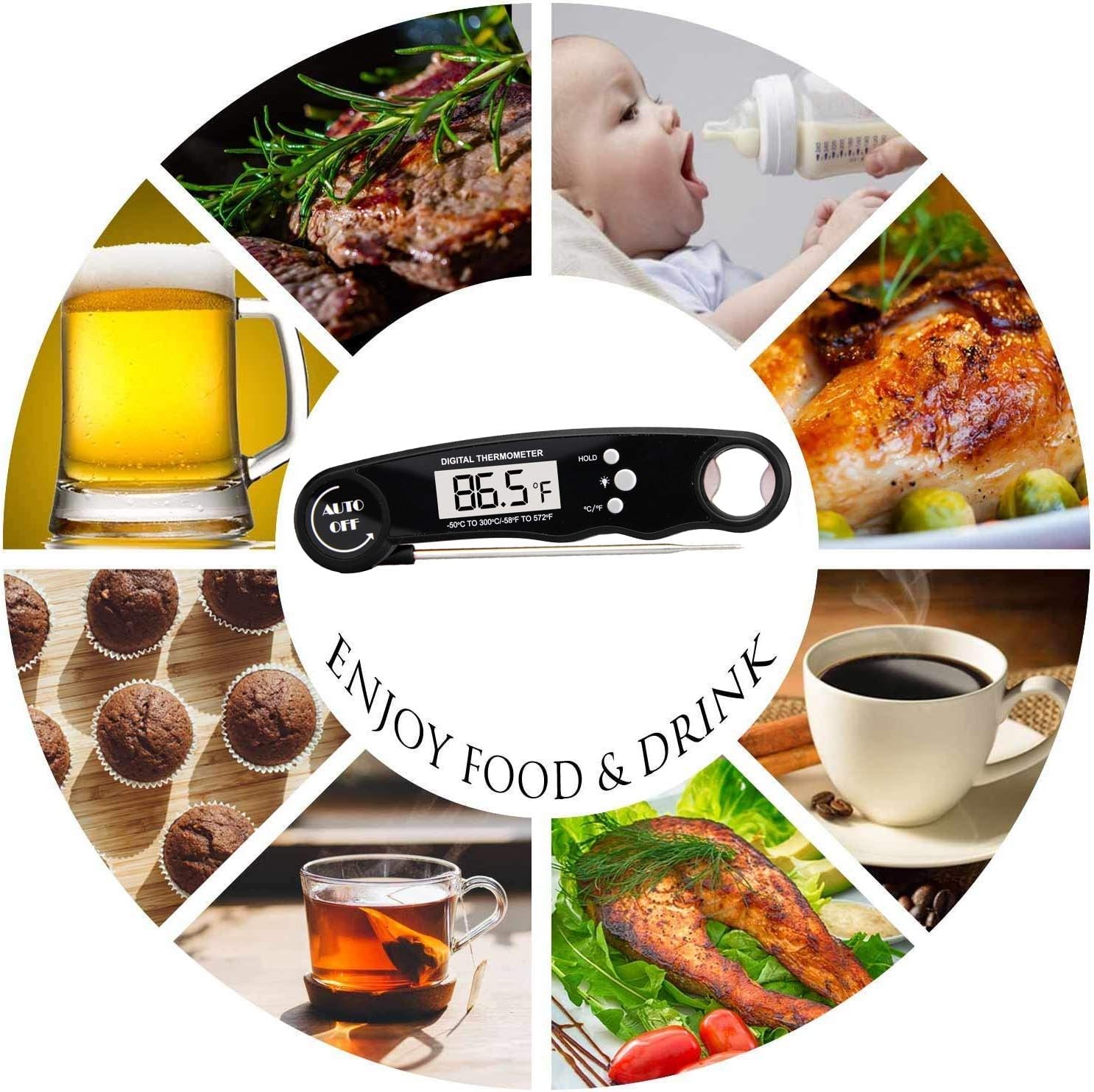 Buy 1 get 1 Digital Instant Read Meat Thermometer for Grilling - Highly Sensitive Waterproof Food Cooking Grill Timer Alarm with Long Food Probe & Backlight Display - Kitchen Oven BBQ Milk Turkey