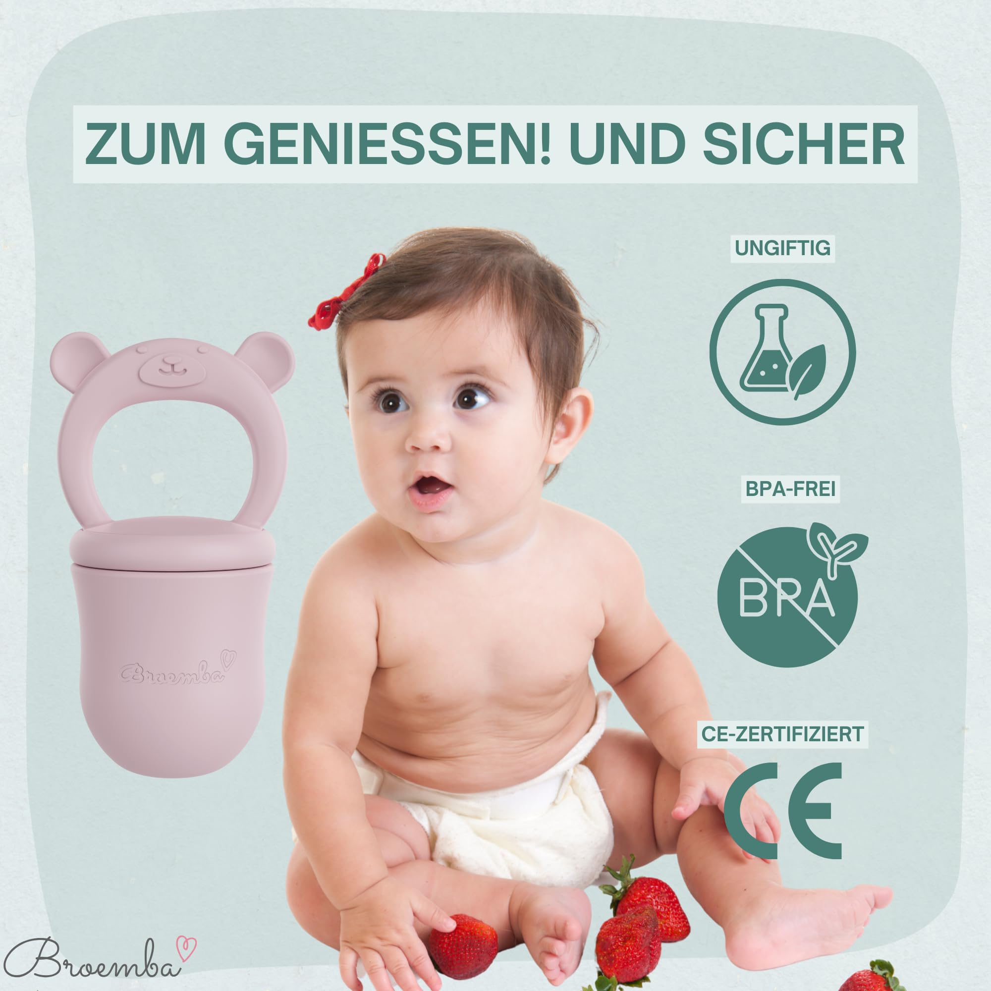 Grignoteur Bébé & 3 Tétines avec Moule à glace - Sucette Rose en Silicone avec Anneau de dentition, Grignoteur pour fruits & légumes, Bac à glaçons avec couvercle - 2