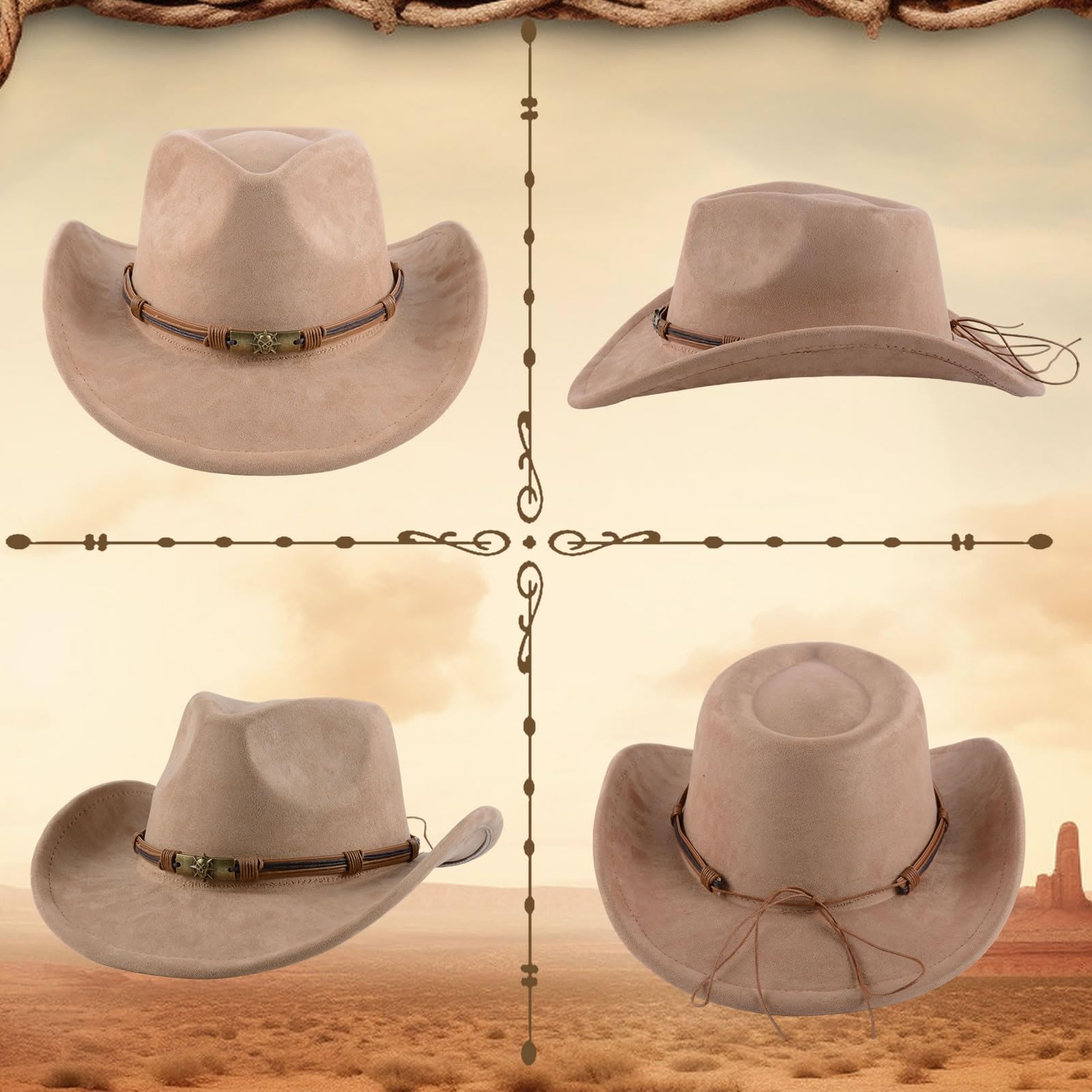 MYKAGS Chapeau de Cowboy Classique pour Les Hommes et Les Femmes, Chapeau en Daim extérieur Large Bordure, Chapeau de Cowboy Brun à la Mode avec Bande en métal crâne Parfait pour Les fêtes (Chameau)