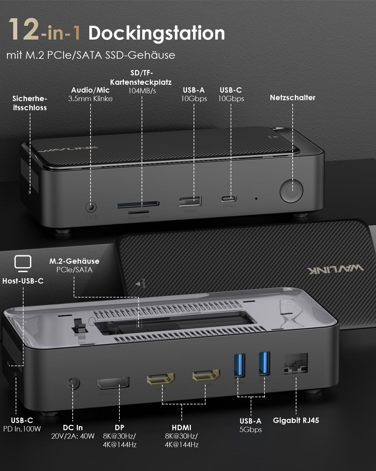 WAVLINK Laptop Dockingstation für DREI Bildschirme (einzeln 8K@30Hz/4K@144Hz), USB-C-Dock mit M.2-PCIe/SATA-SSD-Gehäuse, unterstützt 100 W Power Delivery, USB C/A, SD/TF, Gigabit für Windows, Mac OS