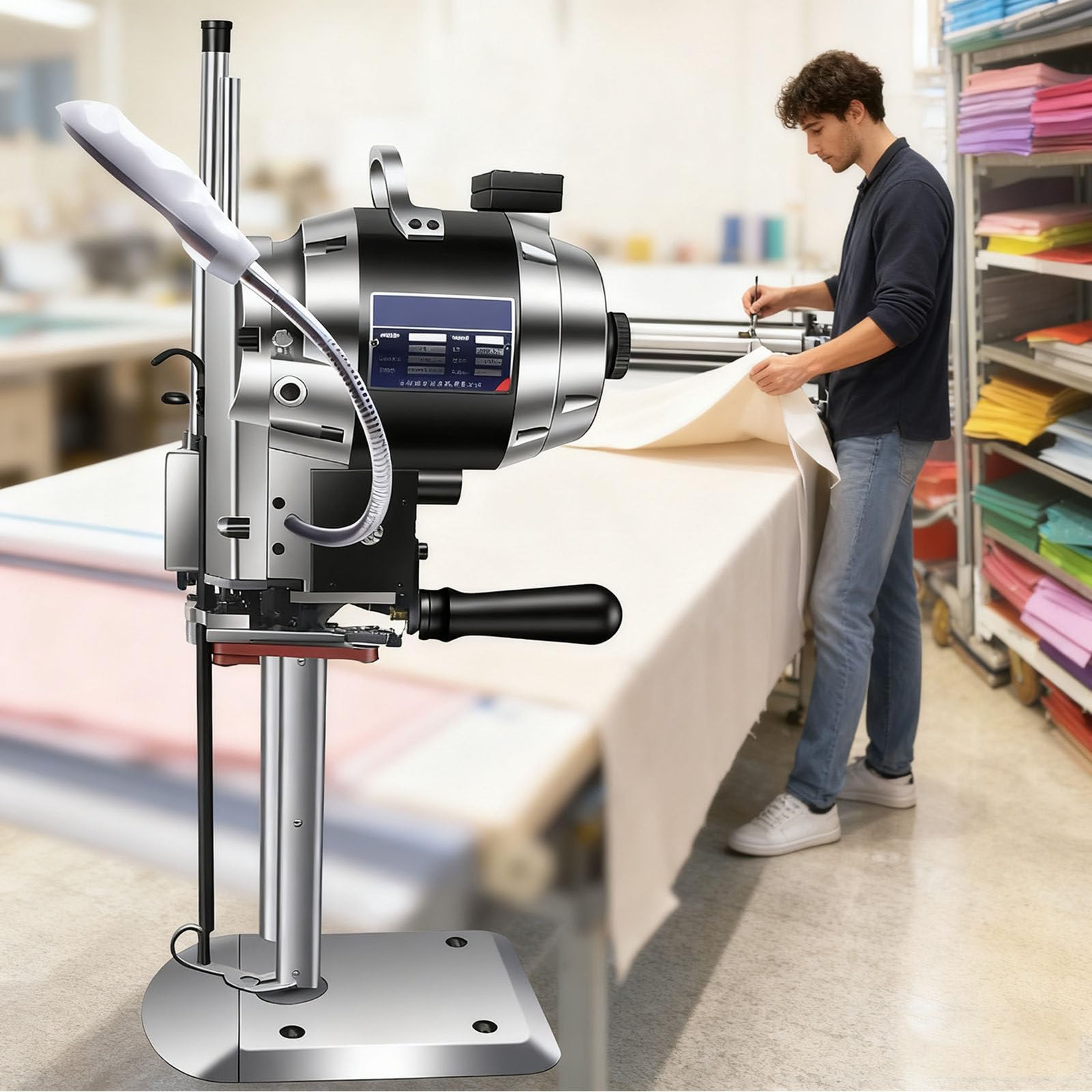 PixCy Cortadora de Tela Industrial Eléctrica Rotativa Tijeras Eléctricas para Tejidos para Corte de Tela/Piel/Caucho/Alfombra/Cartón con Cuchilla Repuesto y Luz De Trabajo LED 10inches