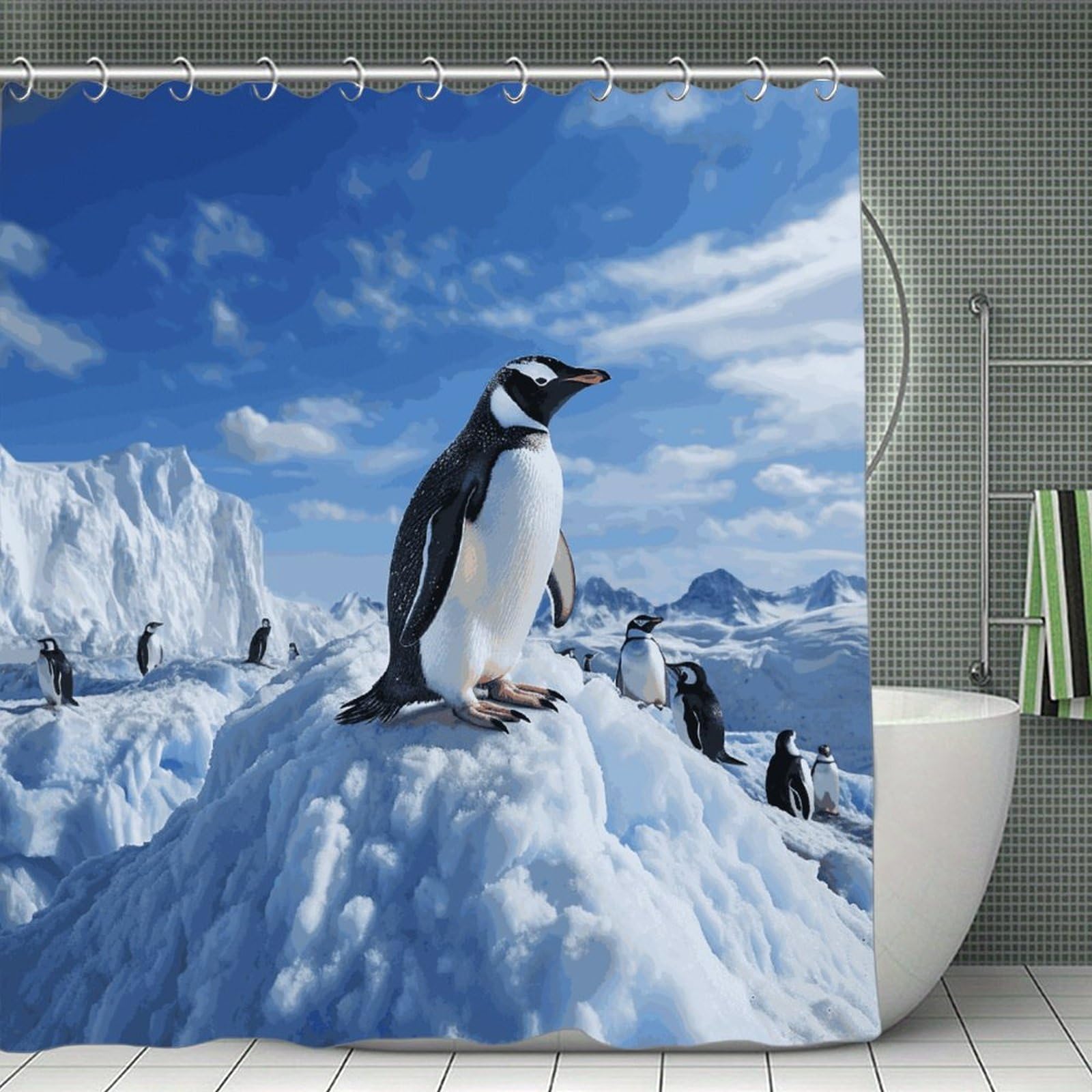 FekiLoot Snow Mountain Penguin Shower Curtain with Hooks Modern Farmhouse Bathroom Curtain Waterproof Cloth Bath Curtains Cute Washable Blackout Privacy Curtains for Bathroom Bathtub 70.8"x70.8"