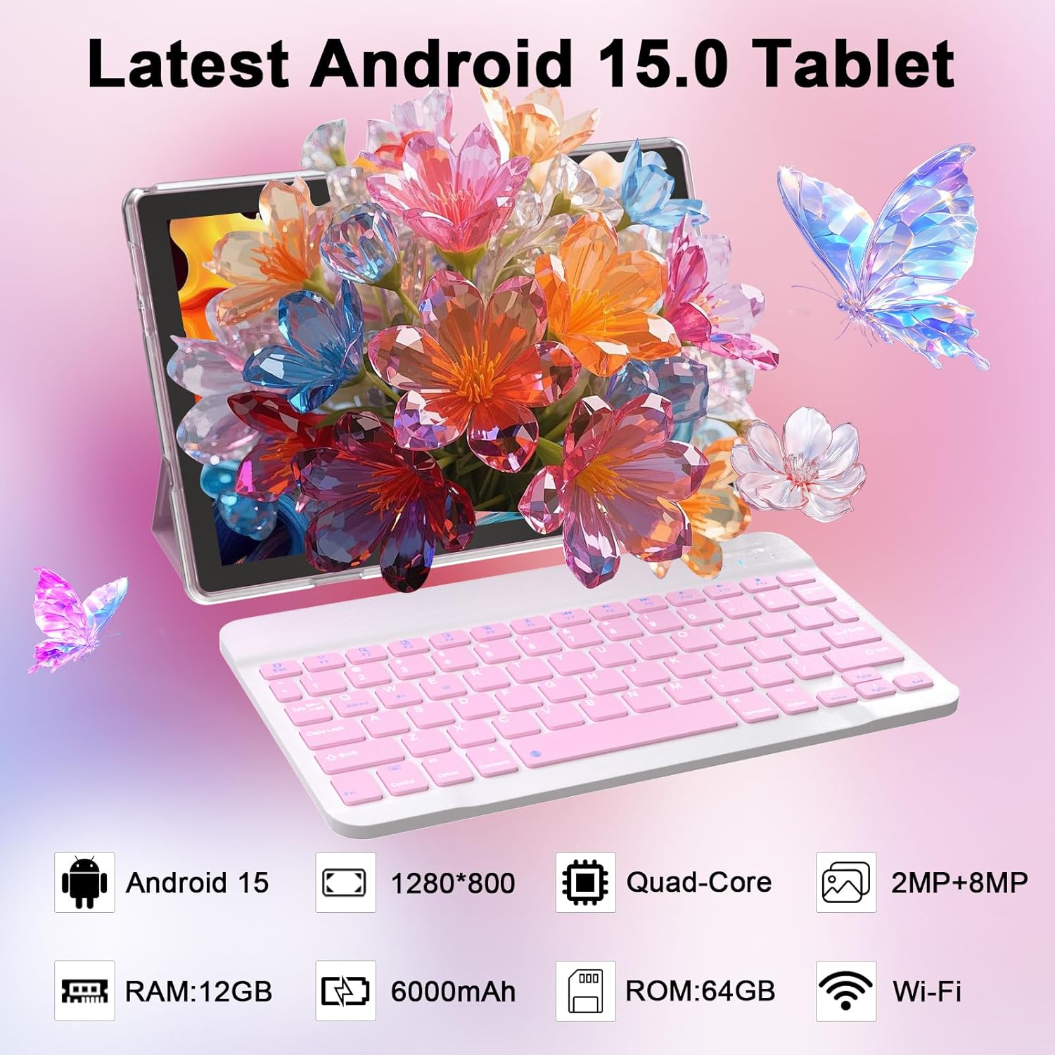 Tablet Android 15 10 Inch 12GB RAM+64GB ROM/ 1TB Expandable Tablet, 1280 * 800 HD Touch Screen, 5G WiFi6 BT 5.0, 2 in 1 Tablets with Keyboard Case Mouse Stylus (Pink)