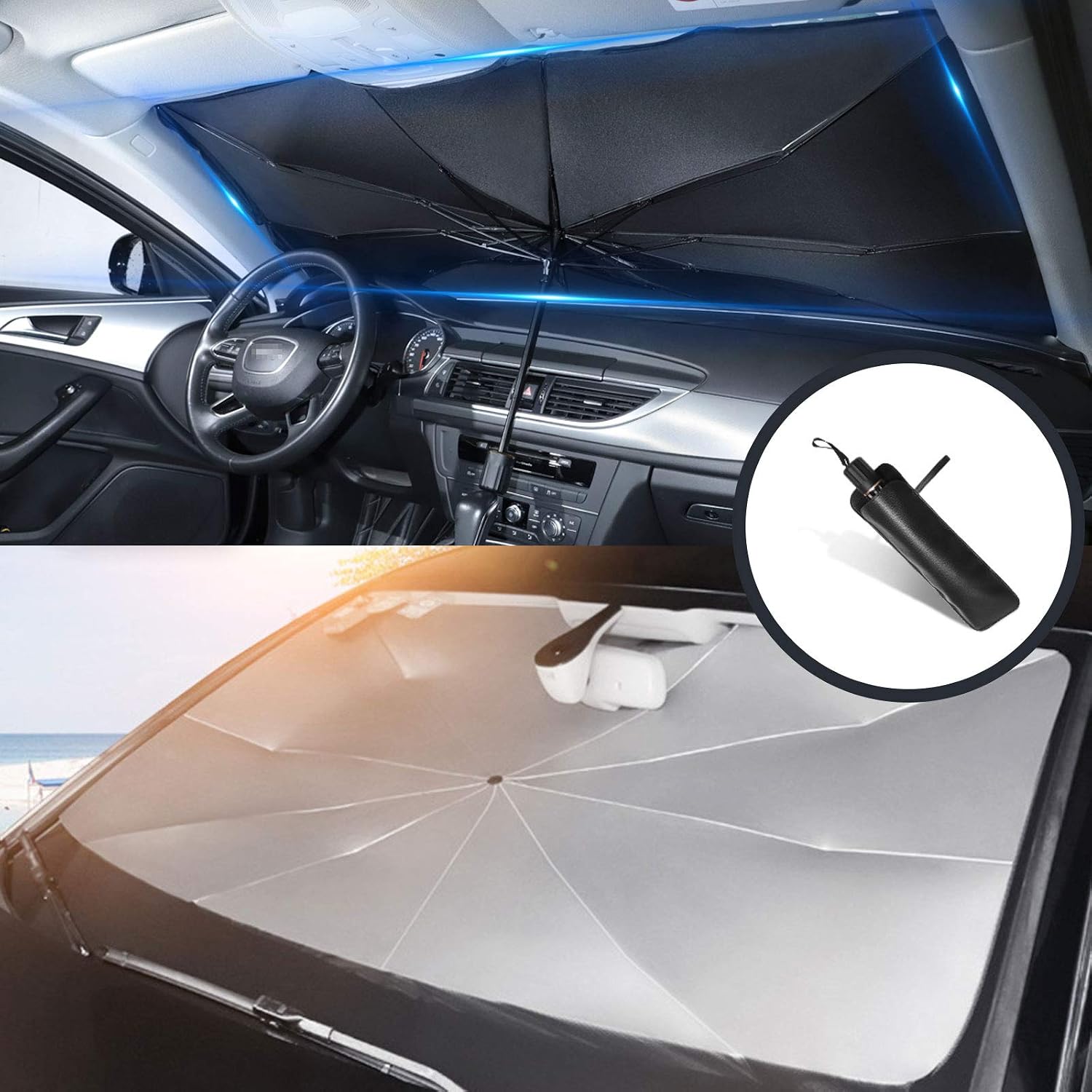 Car Windshield Sun Shade Umbrella, UV Rays and Heat Sun Visor Protector, Foldable Front Window Sunshade Easy to Use/Store Keep Your Cars Cool Fits Most Cars57 in W x 31 in H