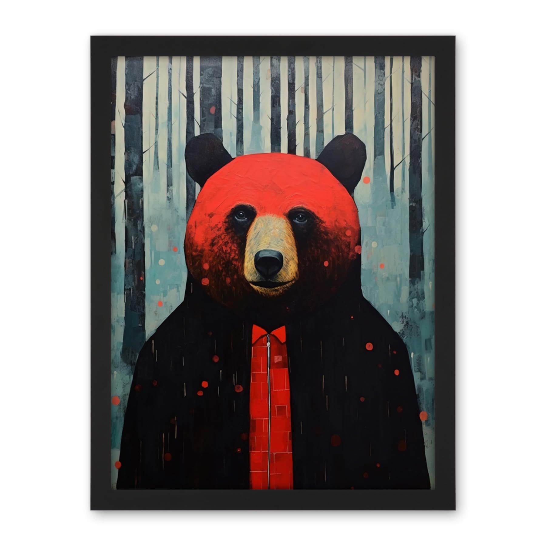 Artery8 Hipster Red Bear Artwork Oil Painting Black Blue Artwork Forest Trees Artwork Framed Wall Art Print 18X24 Inch