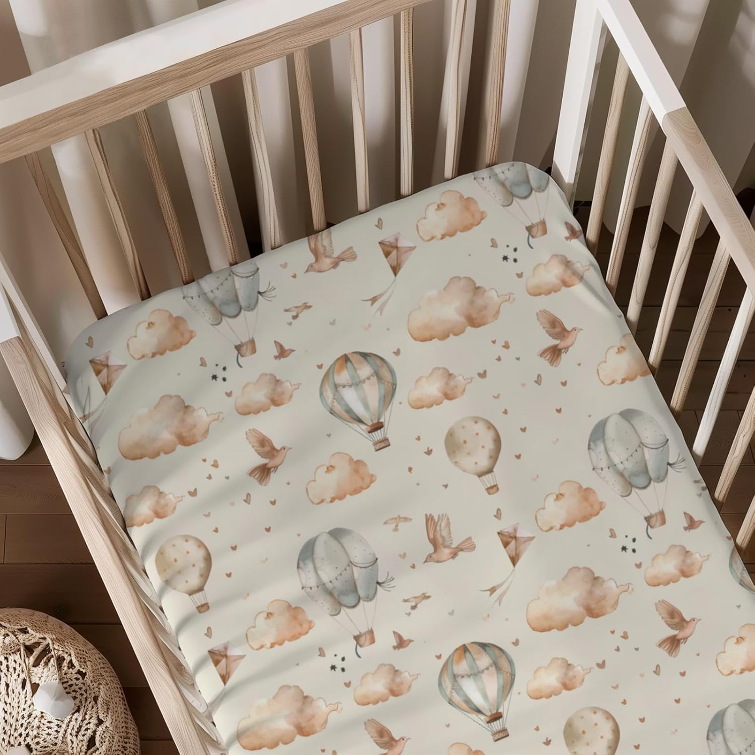 Hot Air Balloon Transportation Pattern Baby Crib Sheets, Unisex Balloons Birds Clouds Nursery Fitted Bed Sheet for Boys Girls Standard Crib and Toddler Mattress-28x52