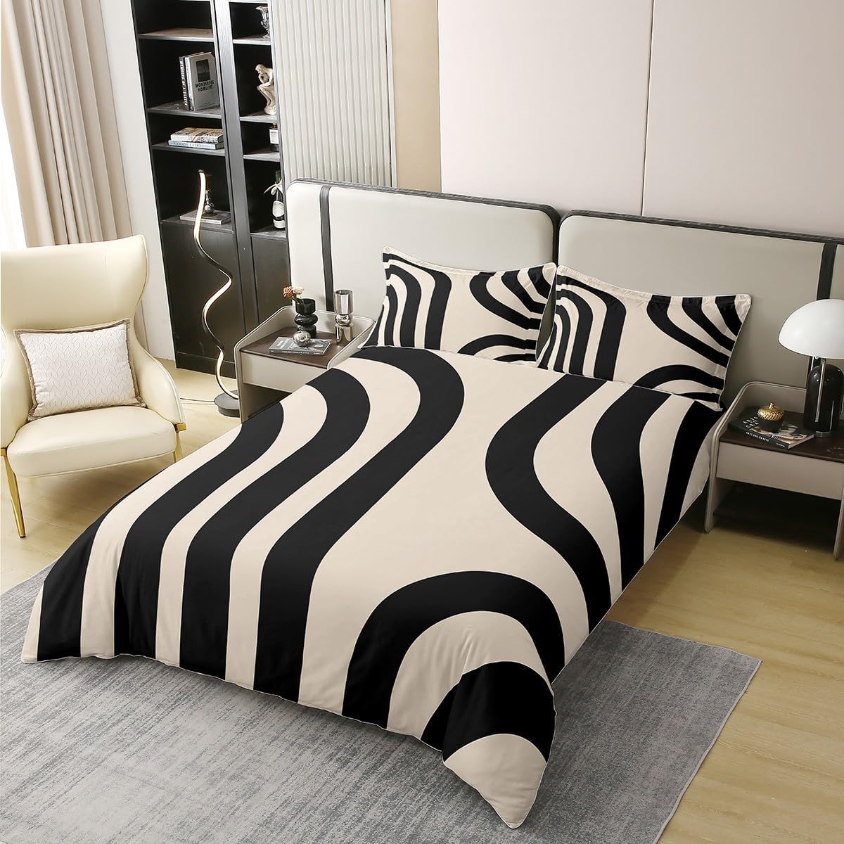 jejeloiu Black and Beige Stripes Duvet Cover 100% Cotton Kids Geometric Bedding Set Twin Size Abstract Art Comforter Cover for Women Men Room Decor Soft Modern with 1 Pillow Case