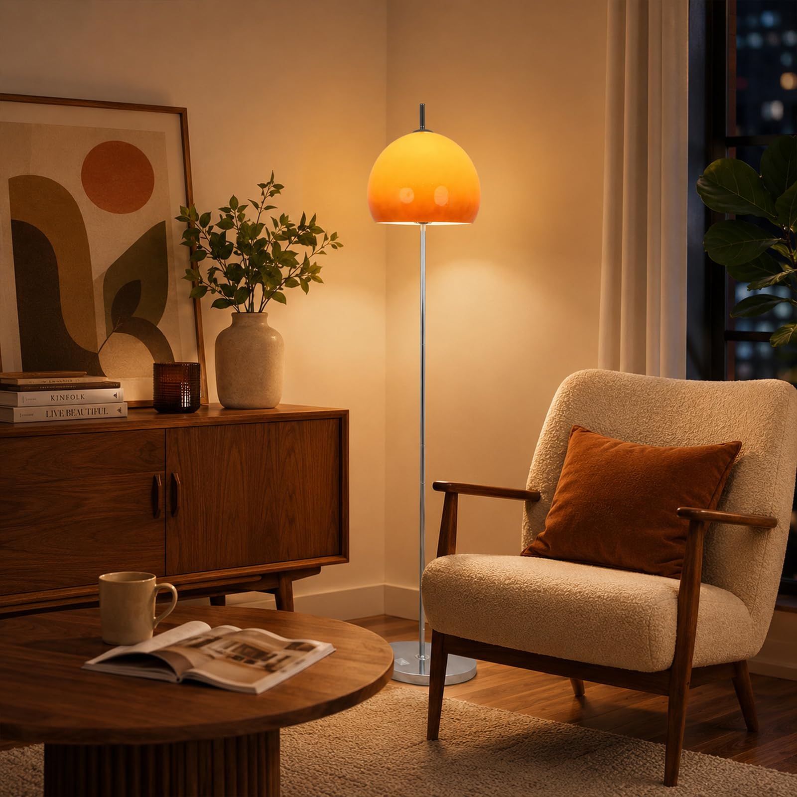 Orangefarbene Pilz-Stehlampe 161 CM Mit Glaskugel Für Wohnzimmer | Mid-Century Modern, Sunset-Glaskugel, E27, 3 Farbtemperaturen, Fußschalter, Hohe Chromstange Für Schlafzimmer Und Büro
