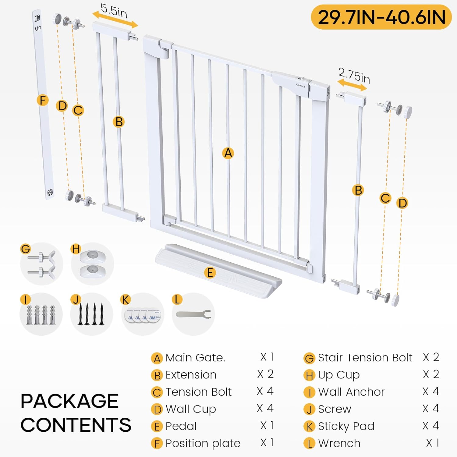Cumbor 29.7-40.6 Baby Gate for Stairs, Mom's Choice Awards Winner-Dog Gate for Doorways, Pressure Mounted Auto-Close Pet Gates for Dogs Indoor, Safety Child Gate with Easy Walk Thru Door, White
