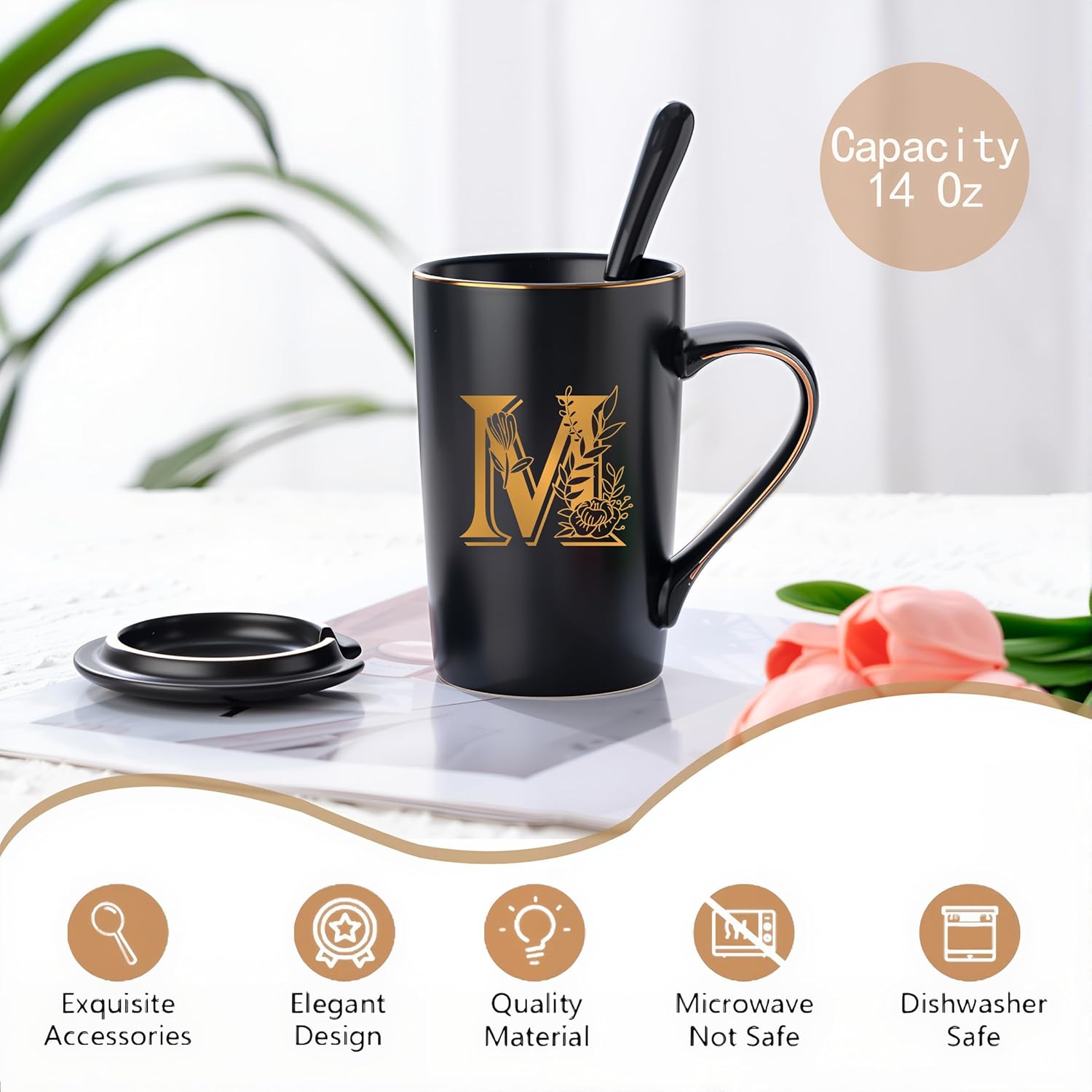 Letter M Personalized Initial Mugs with Flower, Letter M Personalized Coffee Mug, Customized Cool Letter Mugs for Women, Bridal Shower Gifts, Women's Initials Gifts Mug 14 OZ Matte Black - Image 4