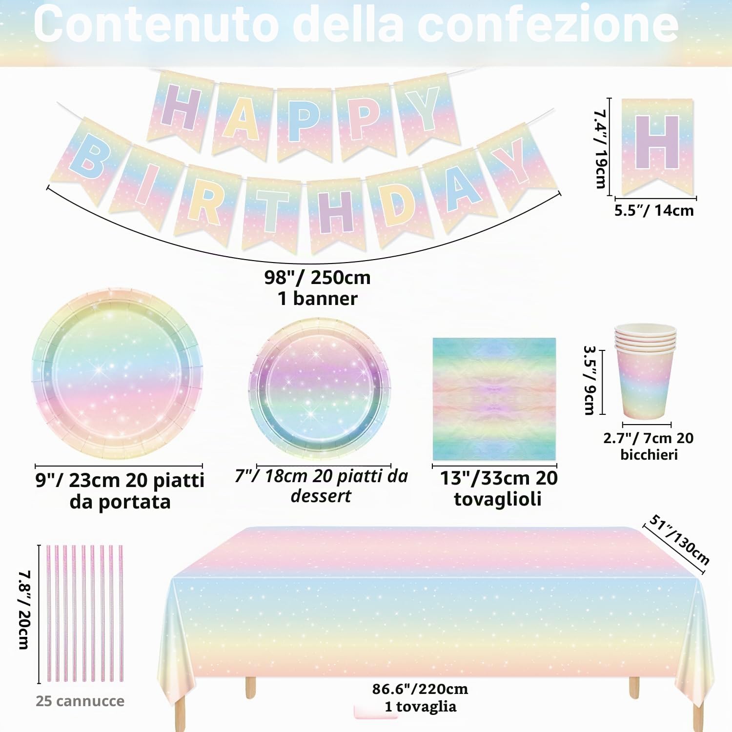 Decorazioni per feste arcobaleno pastello, striscione di buon compleanno, tovaglia, piatti di carta, tovaglioli, tazze per baby shower, per 20 ospiti