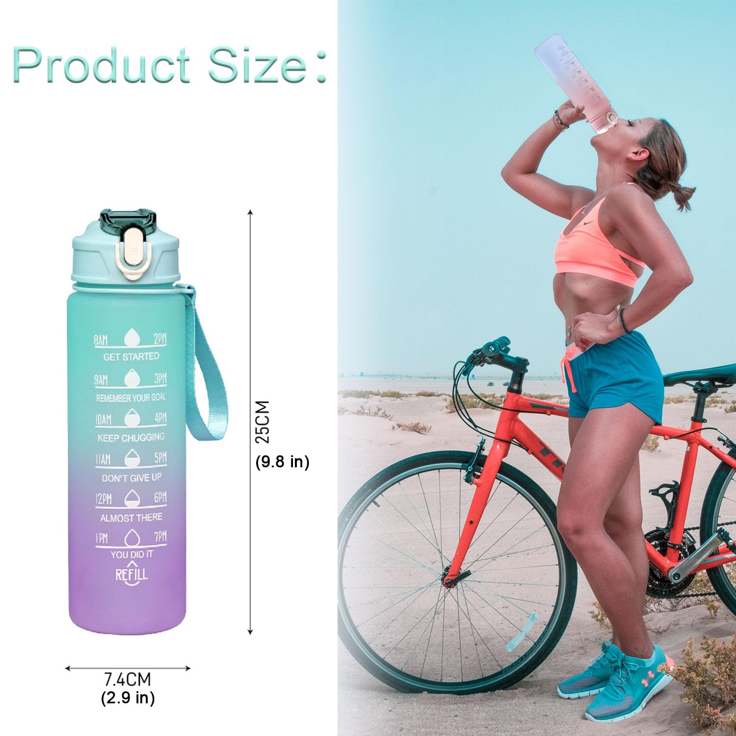 Fitness Sport Water Bottles, 750ml(25oz) Drinks Bottle, Water Bottles with Straw and Time Marking - Image 2