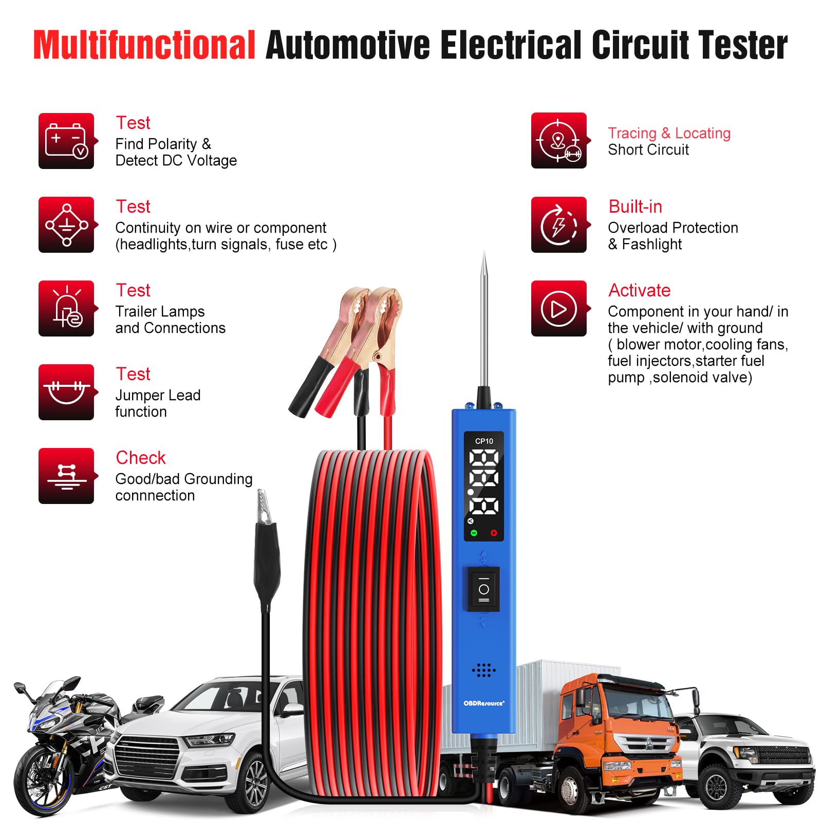 Tester Per Circuiti Auto OBDResource – Lampada Di Prova 0-80V DC Con Display Digitale E Sonda (5m Cavo)