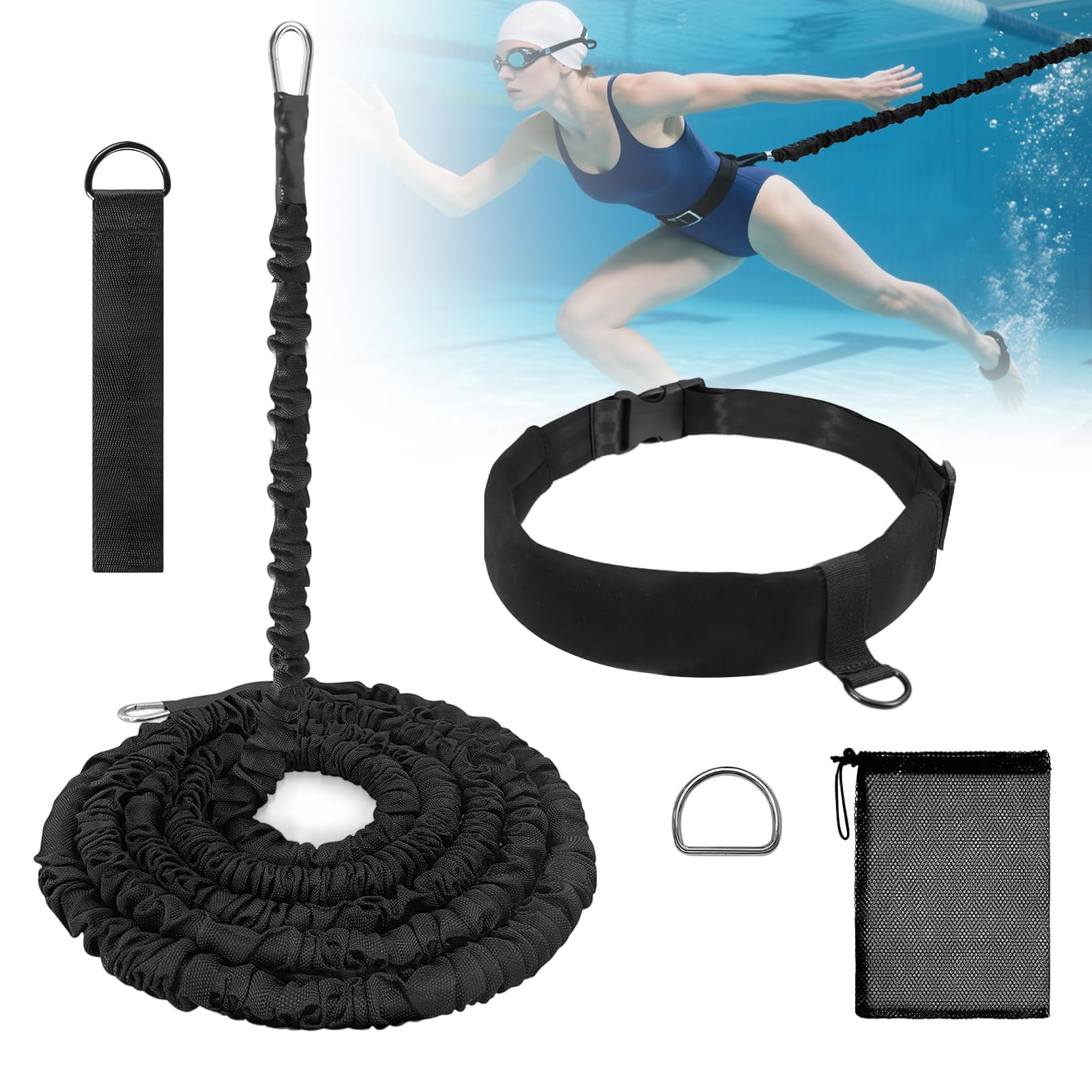 Cinturón de resistencia de natación ajustable, elástico para nadar en la piscina, 2,5 - 9 m, eficaces ayudas para el entrenamiento de niños y adultos