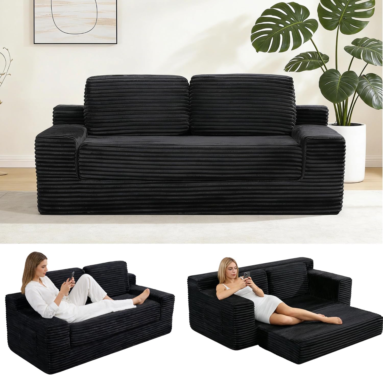 71" Corduroy Cloud Loveseat Sofa Bed, Pull Out Convertible 2-in-1 Boneless Couch, Deep Seat 2-Seater Design, No Assembly Floor Sofa with Side Pockets, for Living Room, Bedroom, Apartment (Black) | Pull out sofa