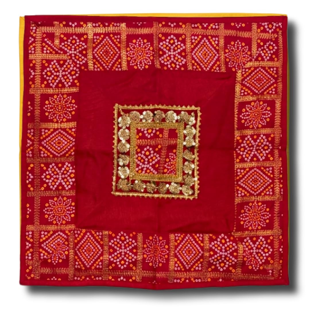 Bandhani Pooja Aasan Kapda for Bride, Dulhan, Sitting Cloth God Idol, Daily Pooja, Chaurang Chowki, Diwali Puja, Table Mat Cloth, Mandir Festivals, Wedding (Red Pack of 2)-image-25